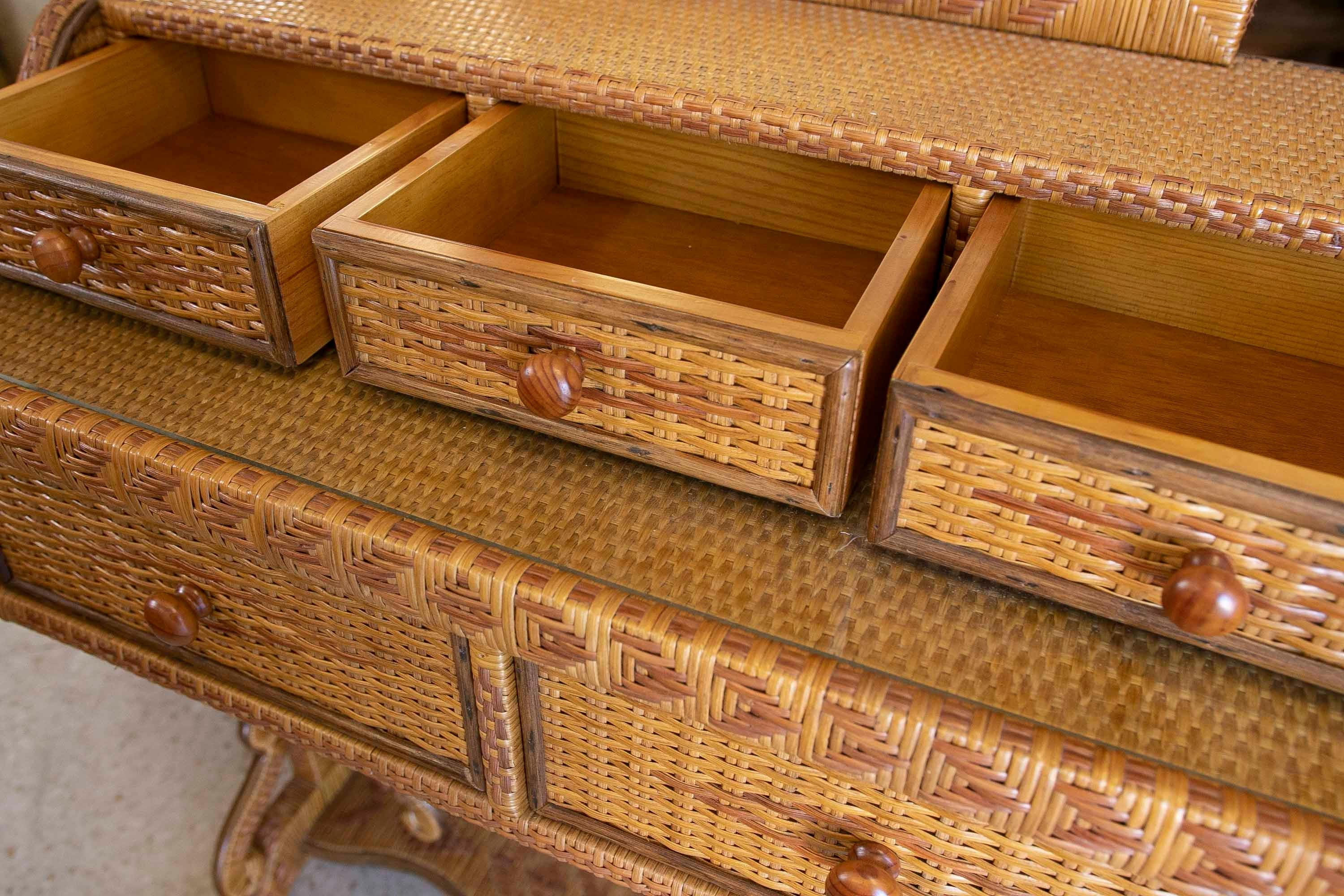 20th Century 1970s Wicker and Wooden Dressing Table with Drawers and Mirrors For Sale