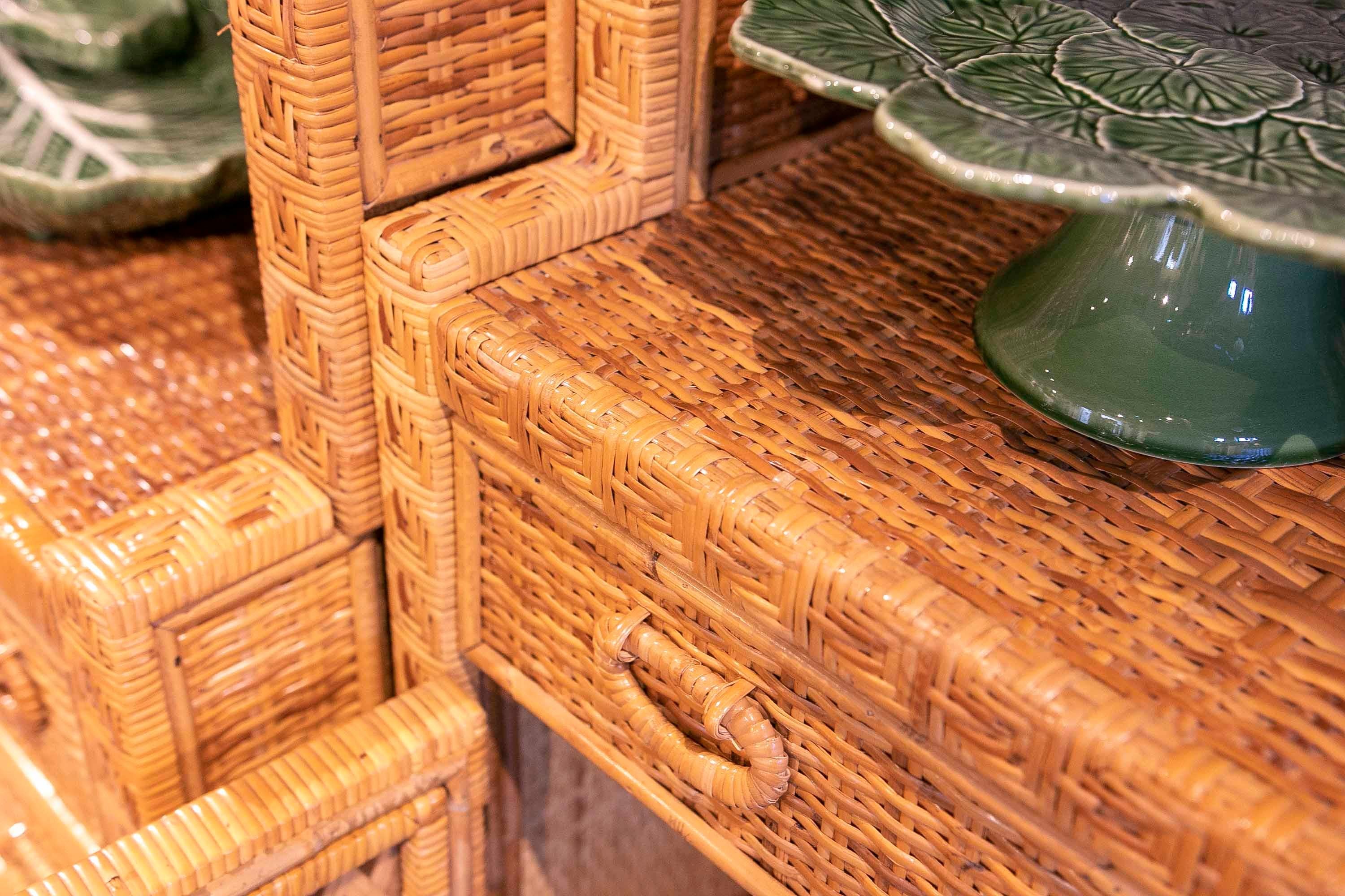 1970s Wicker Display with Three Bodies, Shelves, Doors and