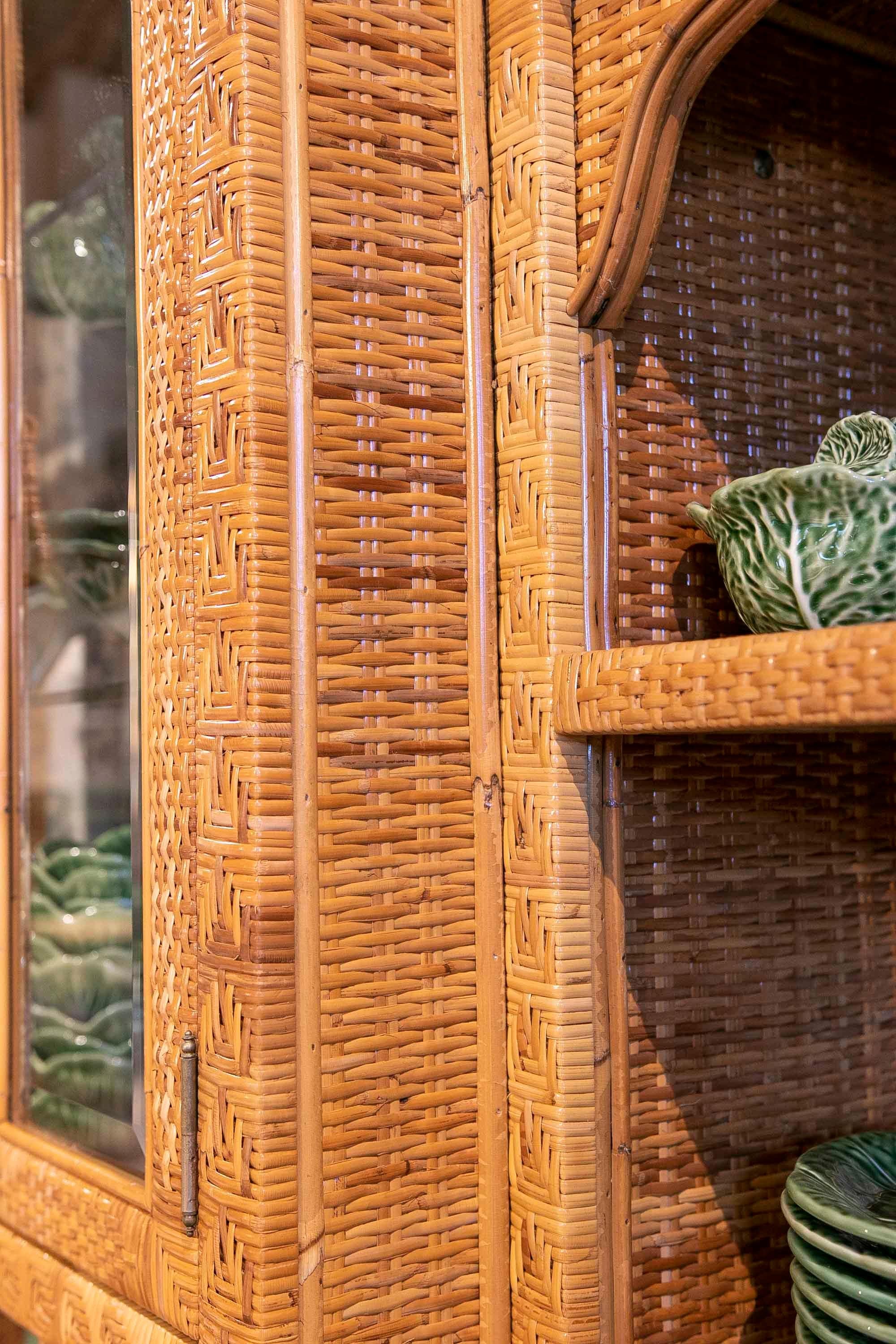 1970s Wicker Display with Three Bodies, Shelves, Doors and