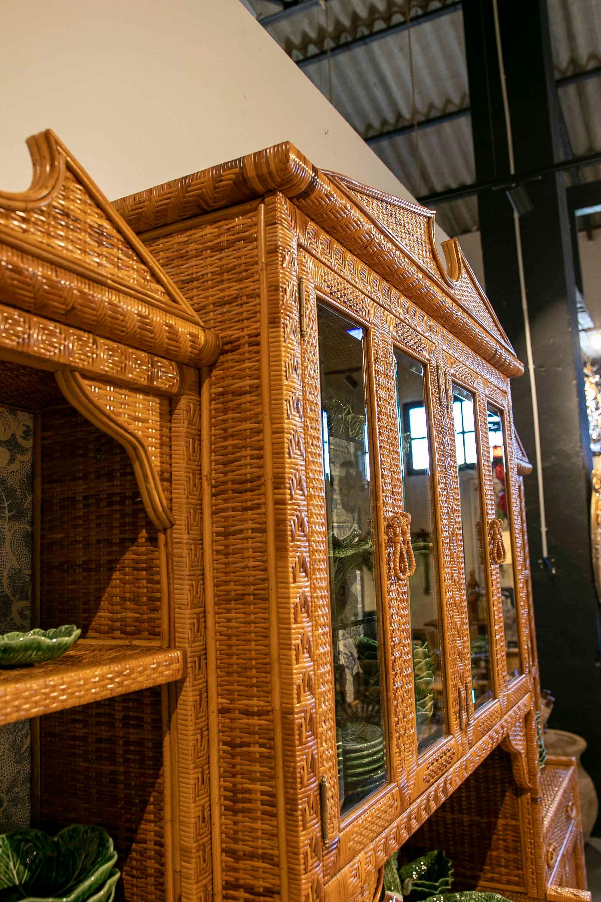 1970s Wicker Display with Three Bodies, Shelves, Doors and