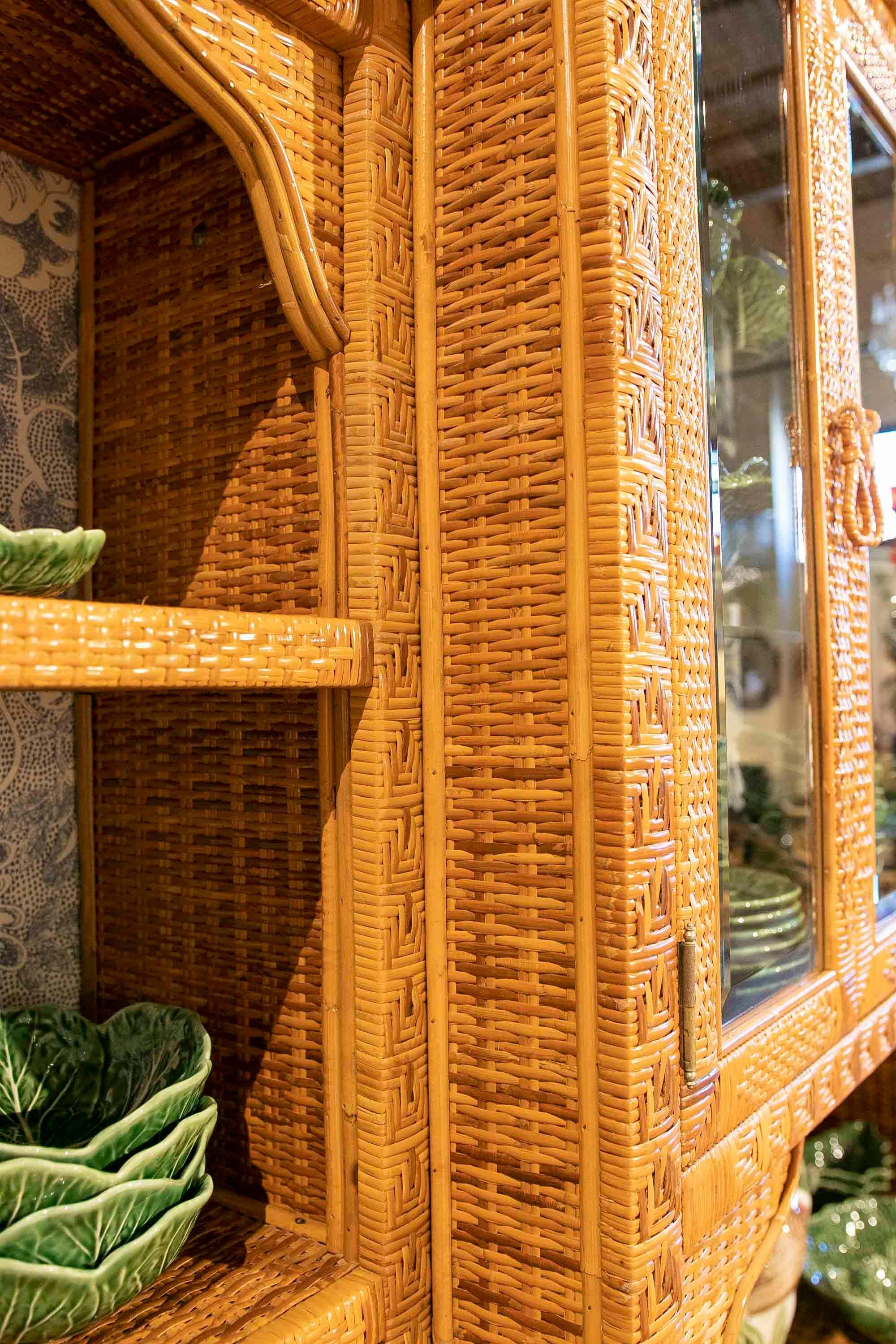 1970s Wicker Display with Three Bodies, Shelves, Doors and