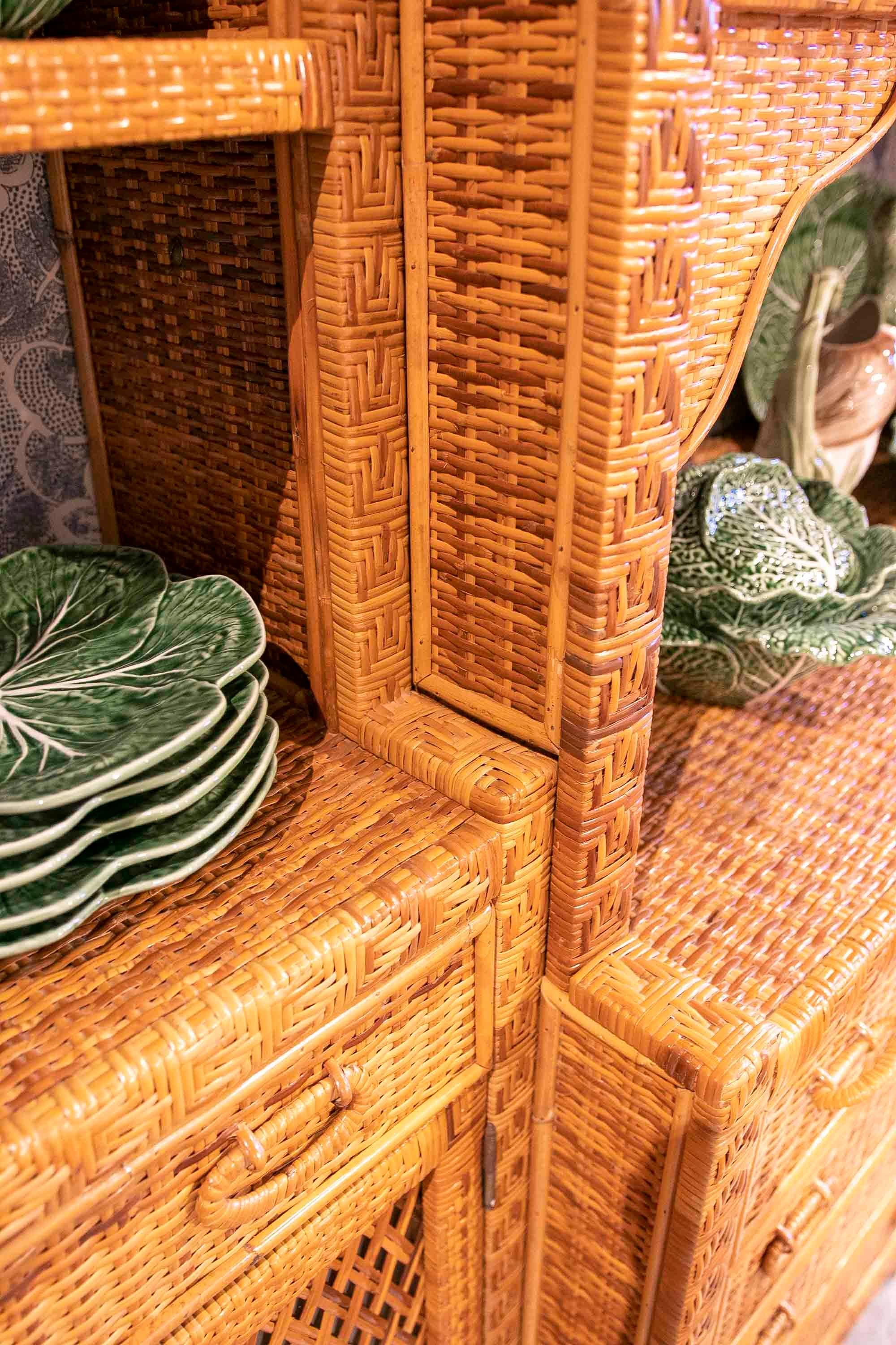 1970s Wicker Display with Three Bodies, Shelves, Doors and