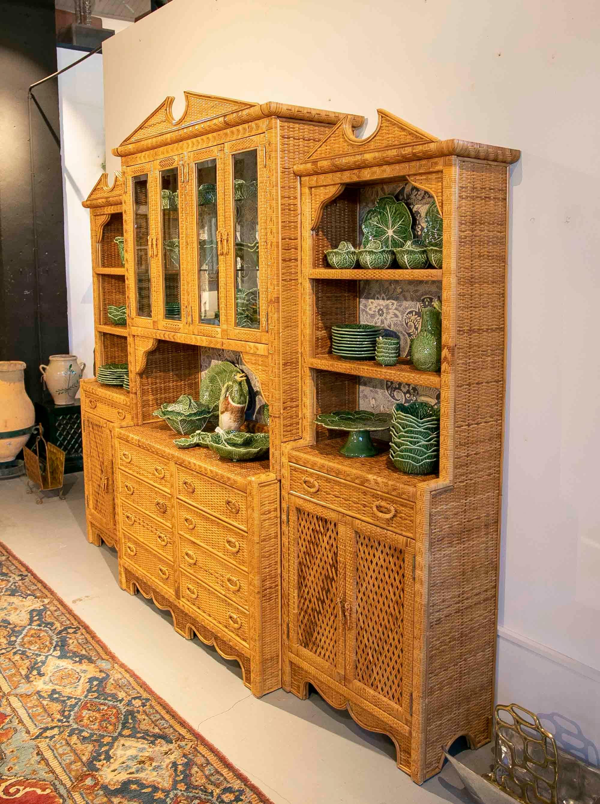 1970s Wicker Display Cabinet with Three Bodies, Shelves, Doors and ...