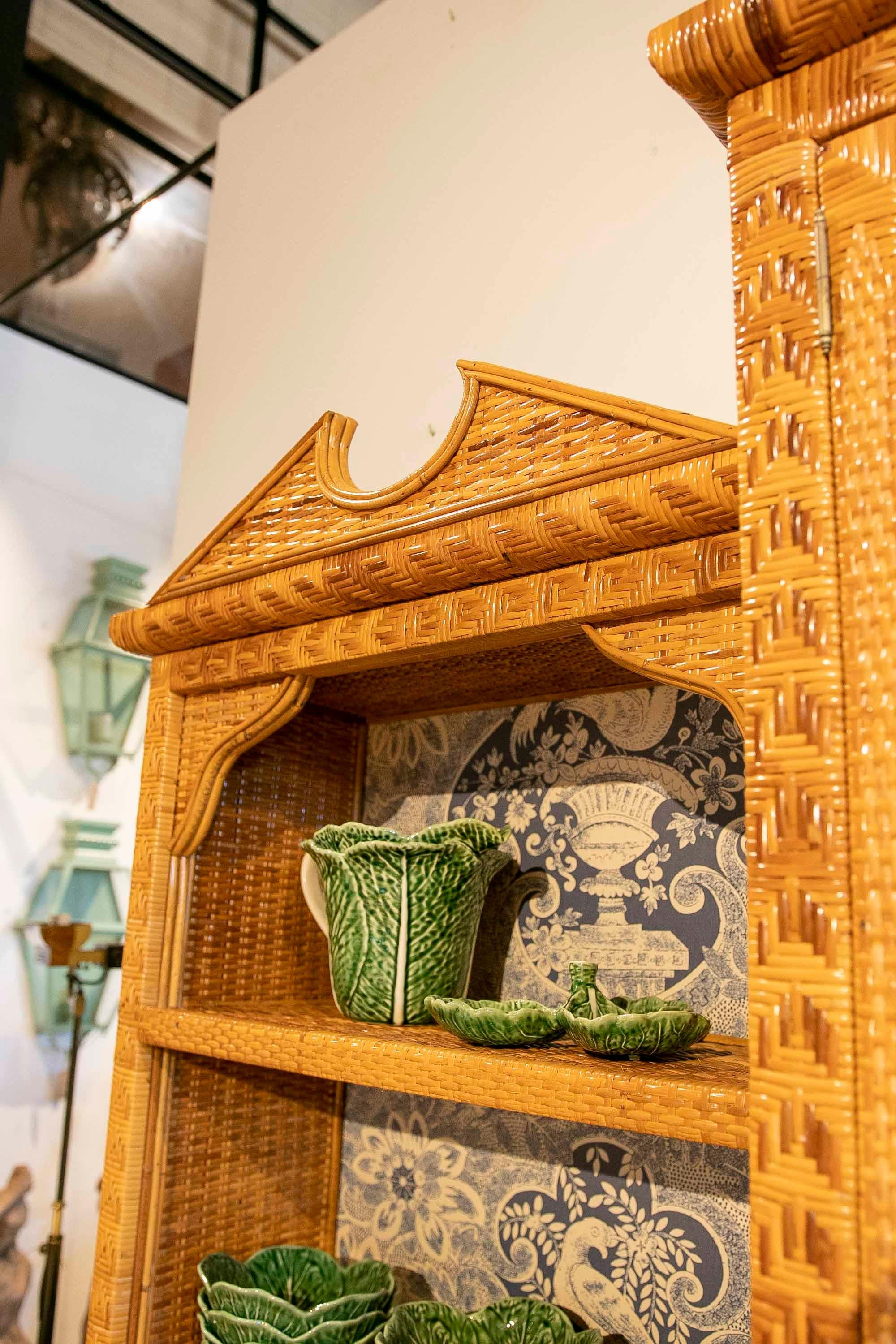 1970s Wicker Display with Three Bodies, Shelves, Doors and