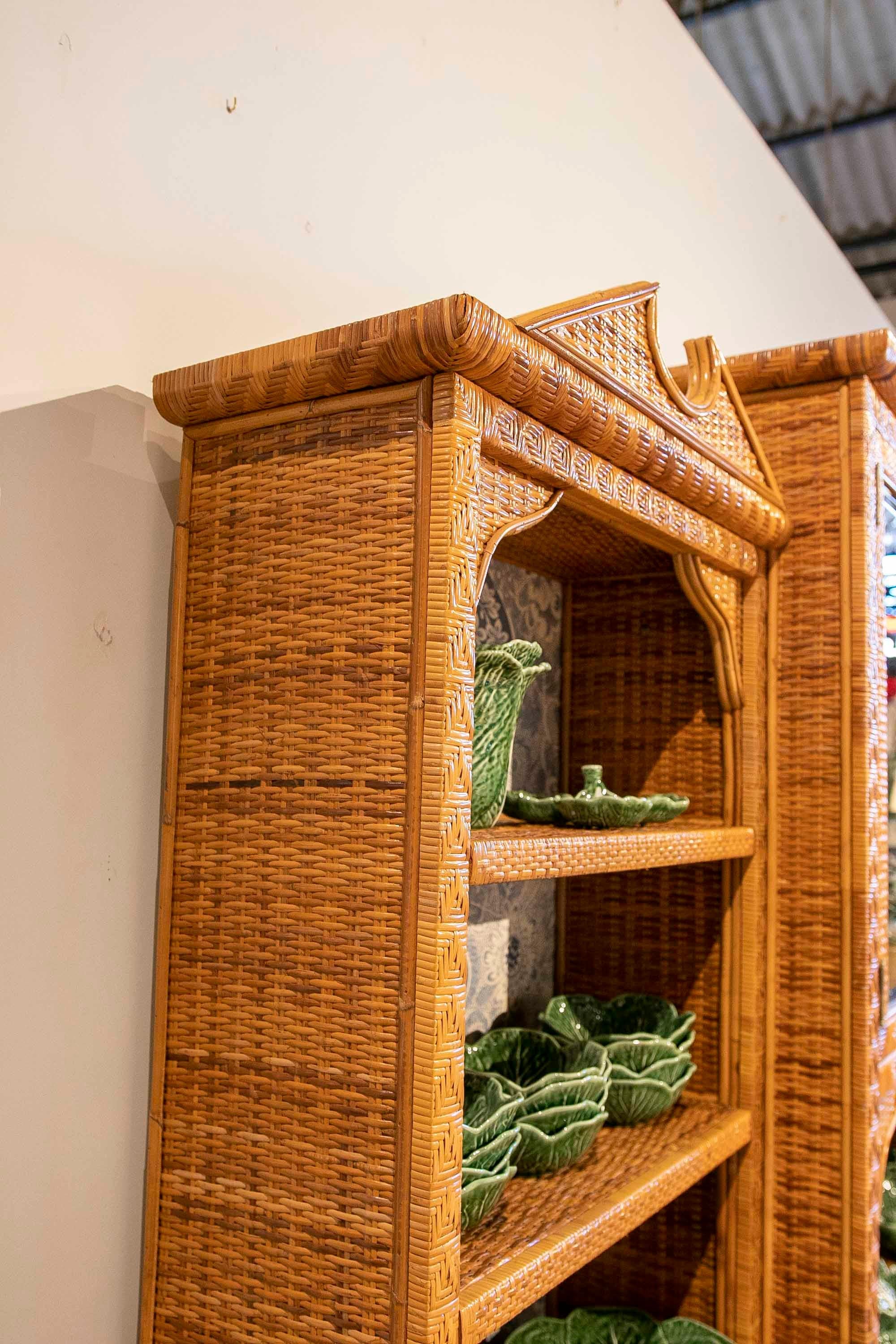 1970s Wicker Display with Three Bodies, Shelves, Doors and