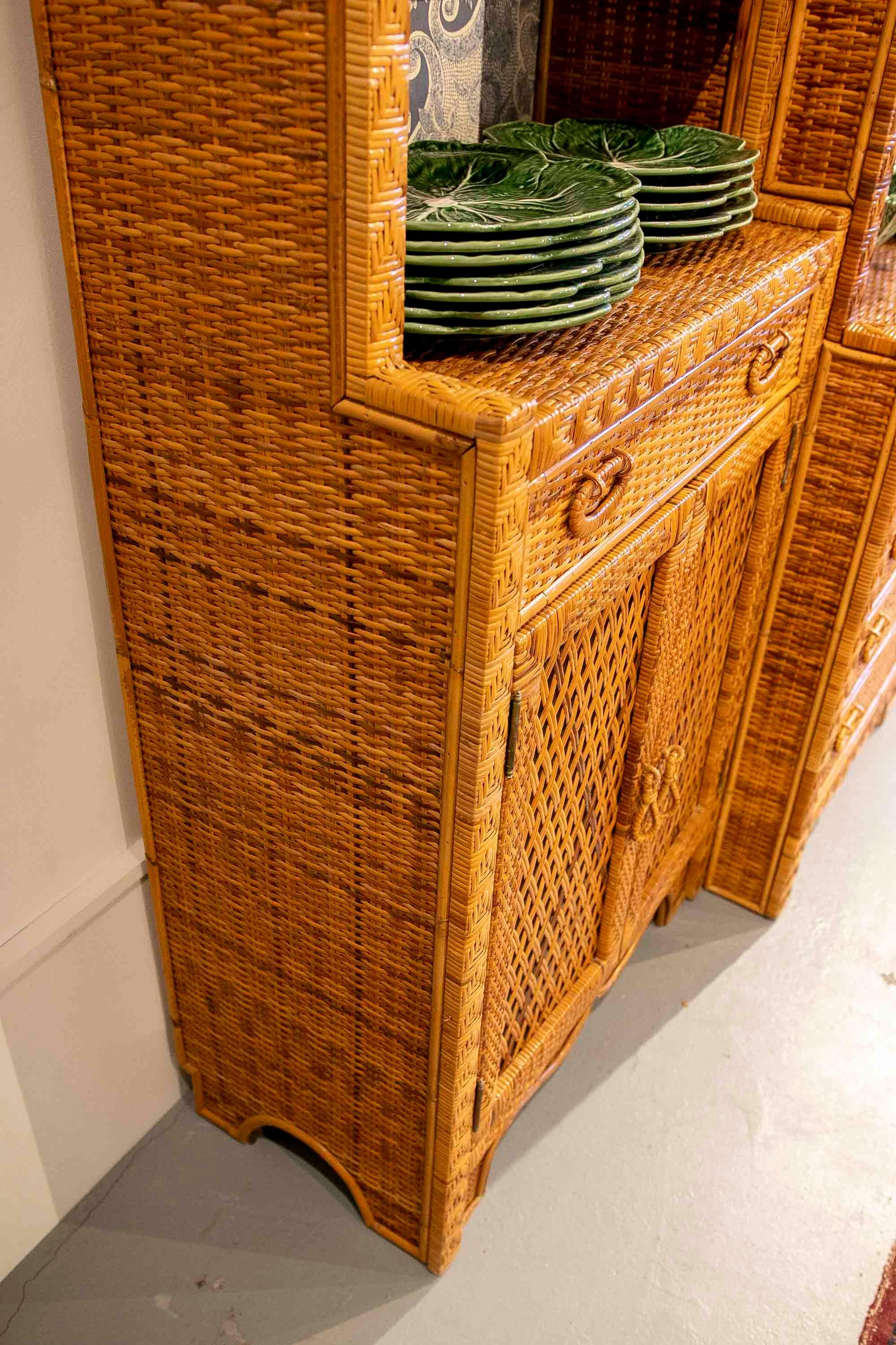 1970s Wicker Display with Three Bodies, Shelves, Doors and