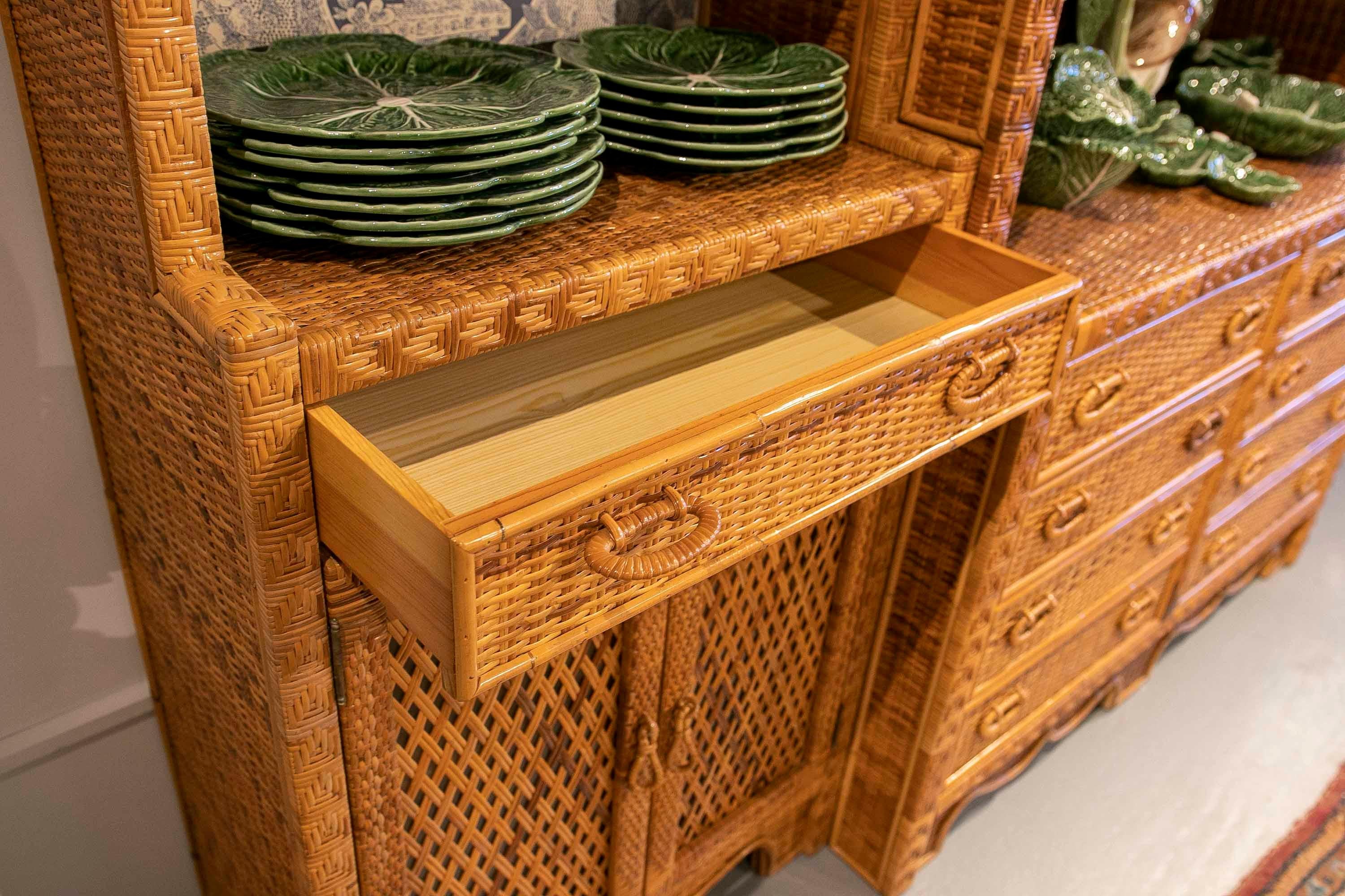 1970s Wicker Display with Three Bodies, Shelves, Doors and