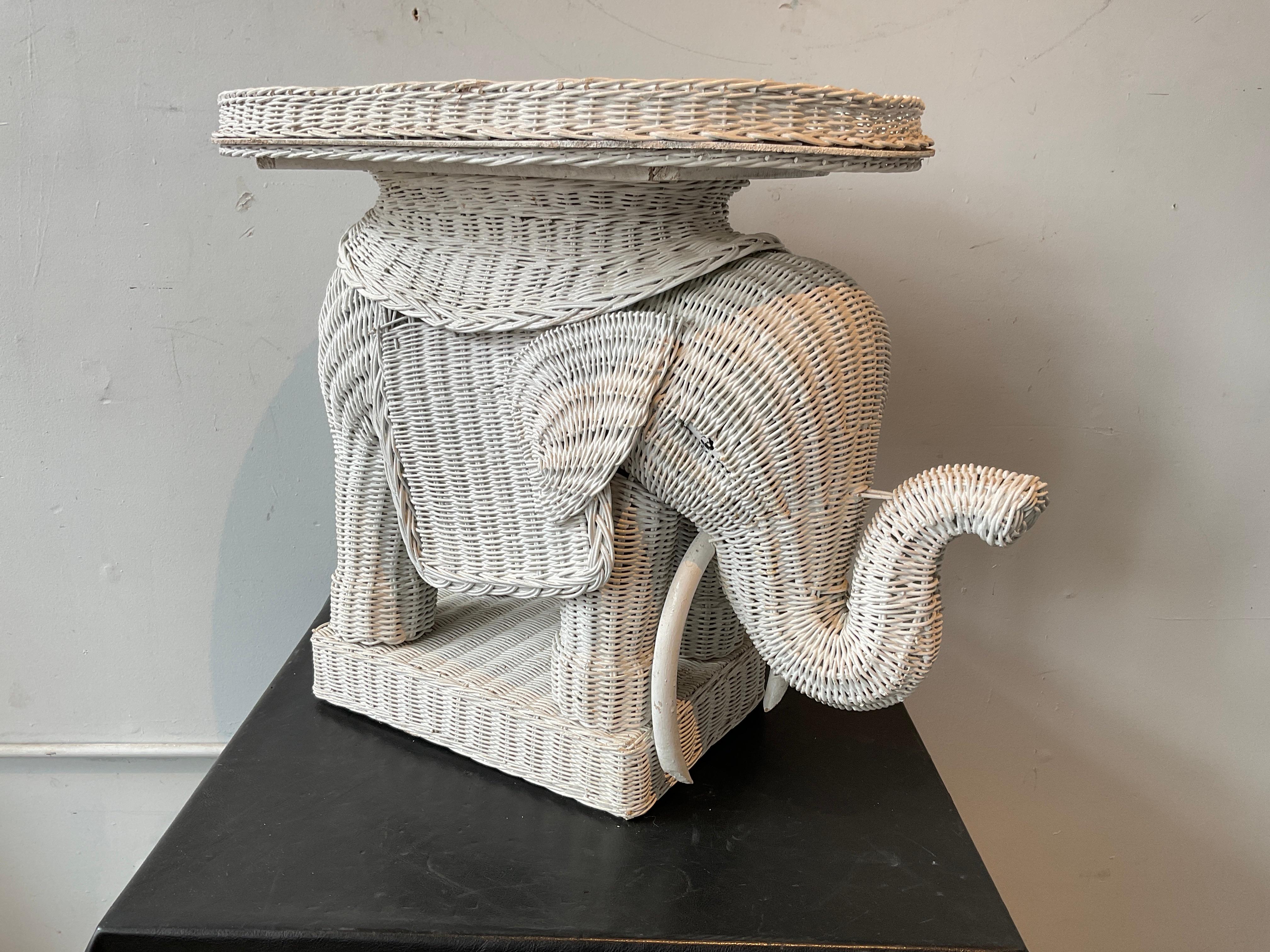 1970s Wicker elephant side table with removable tray.