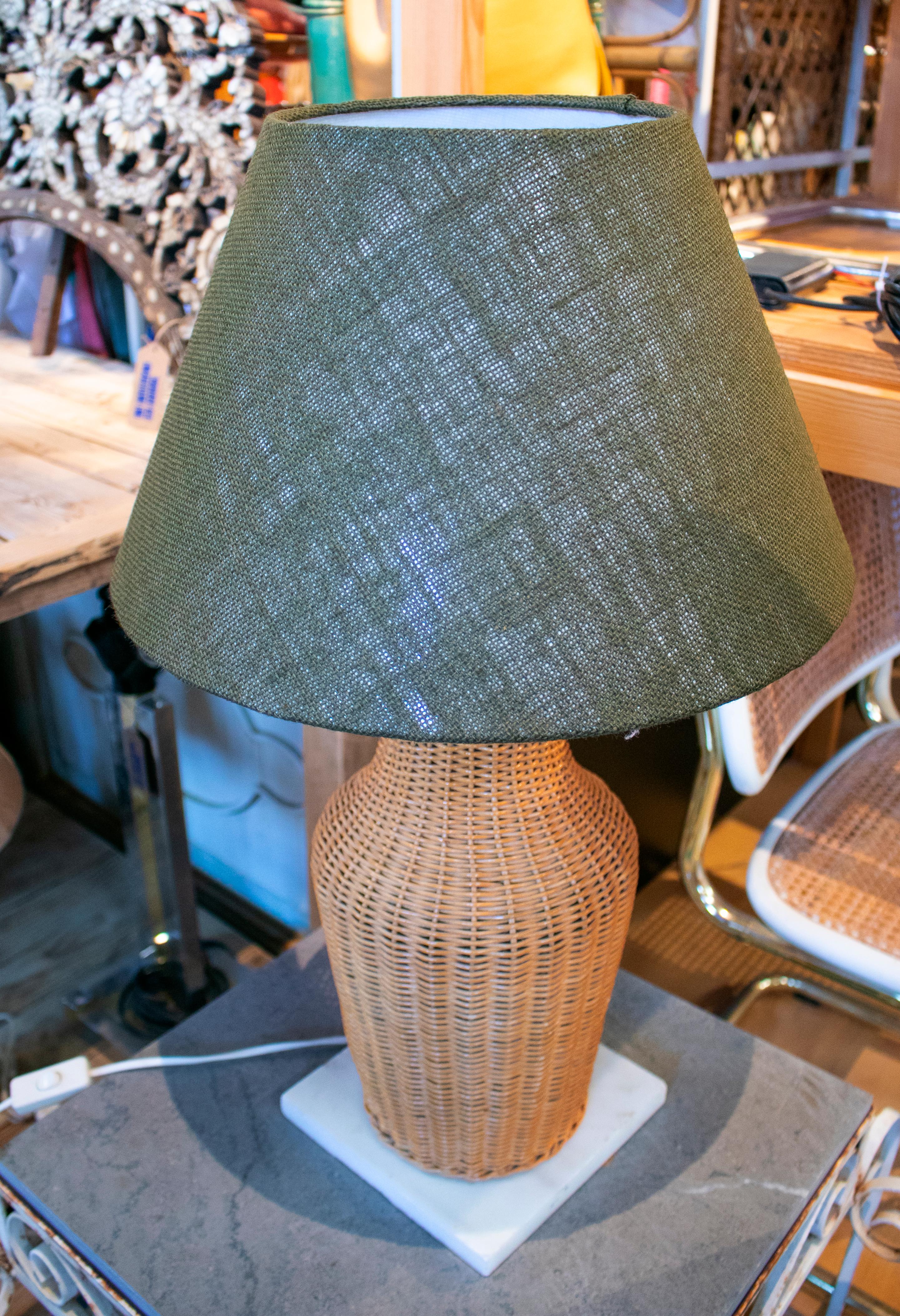 European 1970s Wicker Lamp with Green Shade on Square White Marble Base