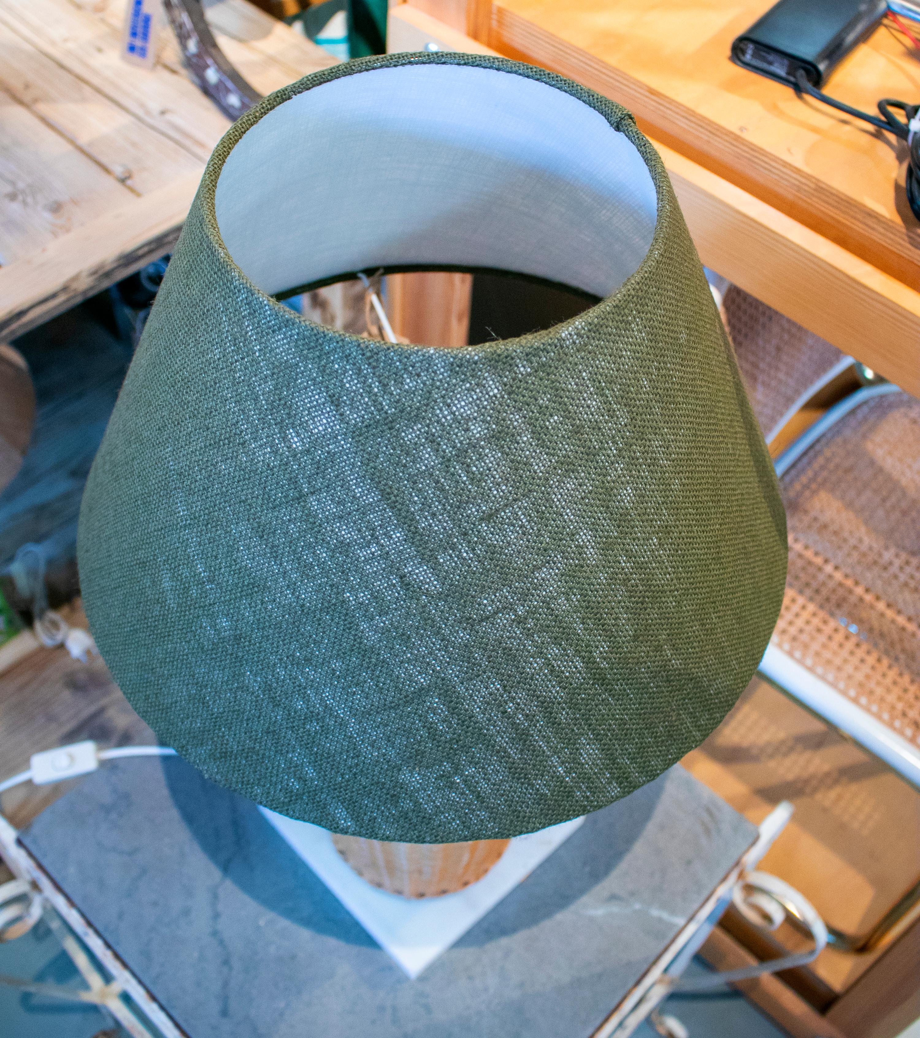 20th Century 1970s Wicker Lamp with Green Shade on Square White Marble Base