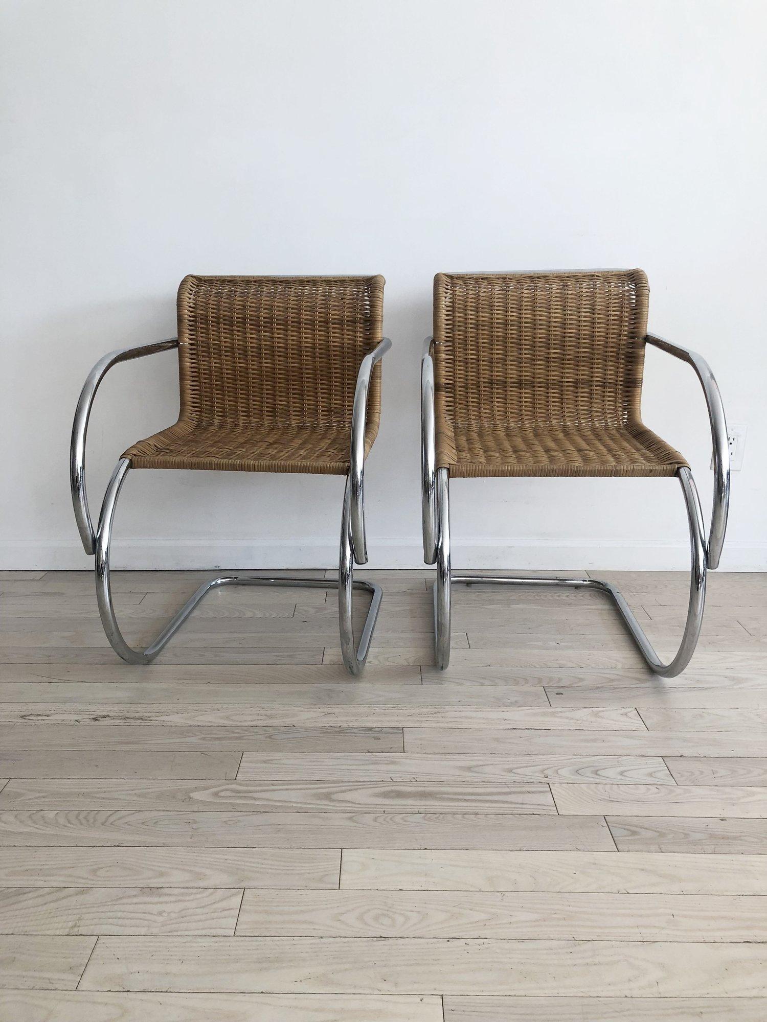 Mid-Century Modern 1970s Wicker MR Cantilever Armchairs in the Style of Mies van der Rohe, Pair