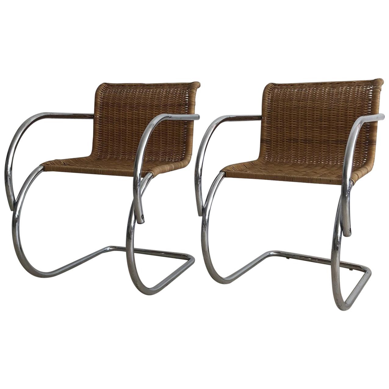 1970s Wicker MR Cantilever Armchairs in the Style of Mies van der Rohe, Pair