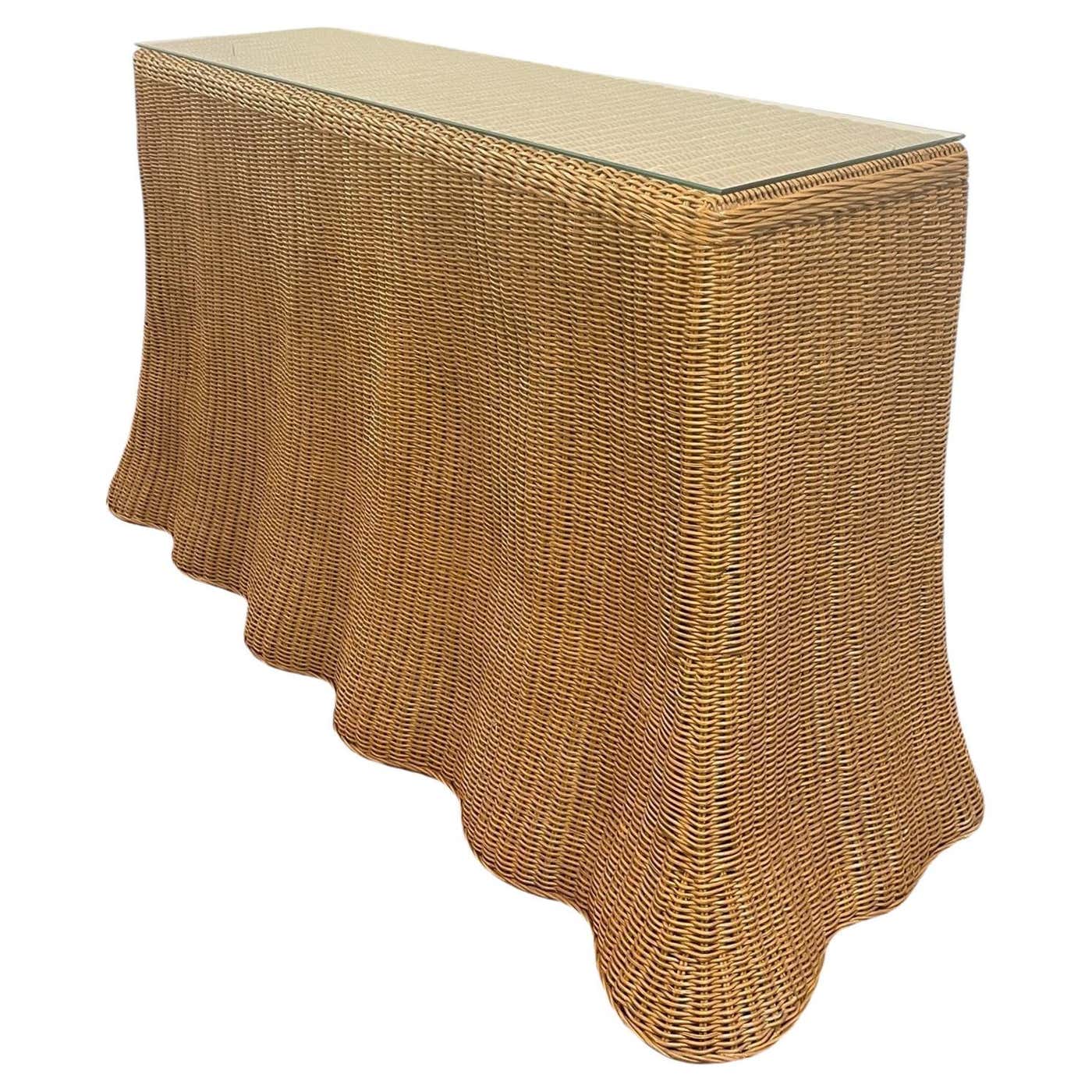 Maison Riviera Rattan Console Table 1970's Wicker Rattan Skirted Console Table For Sale at 1stDibs