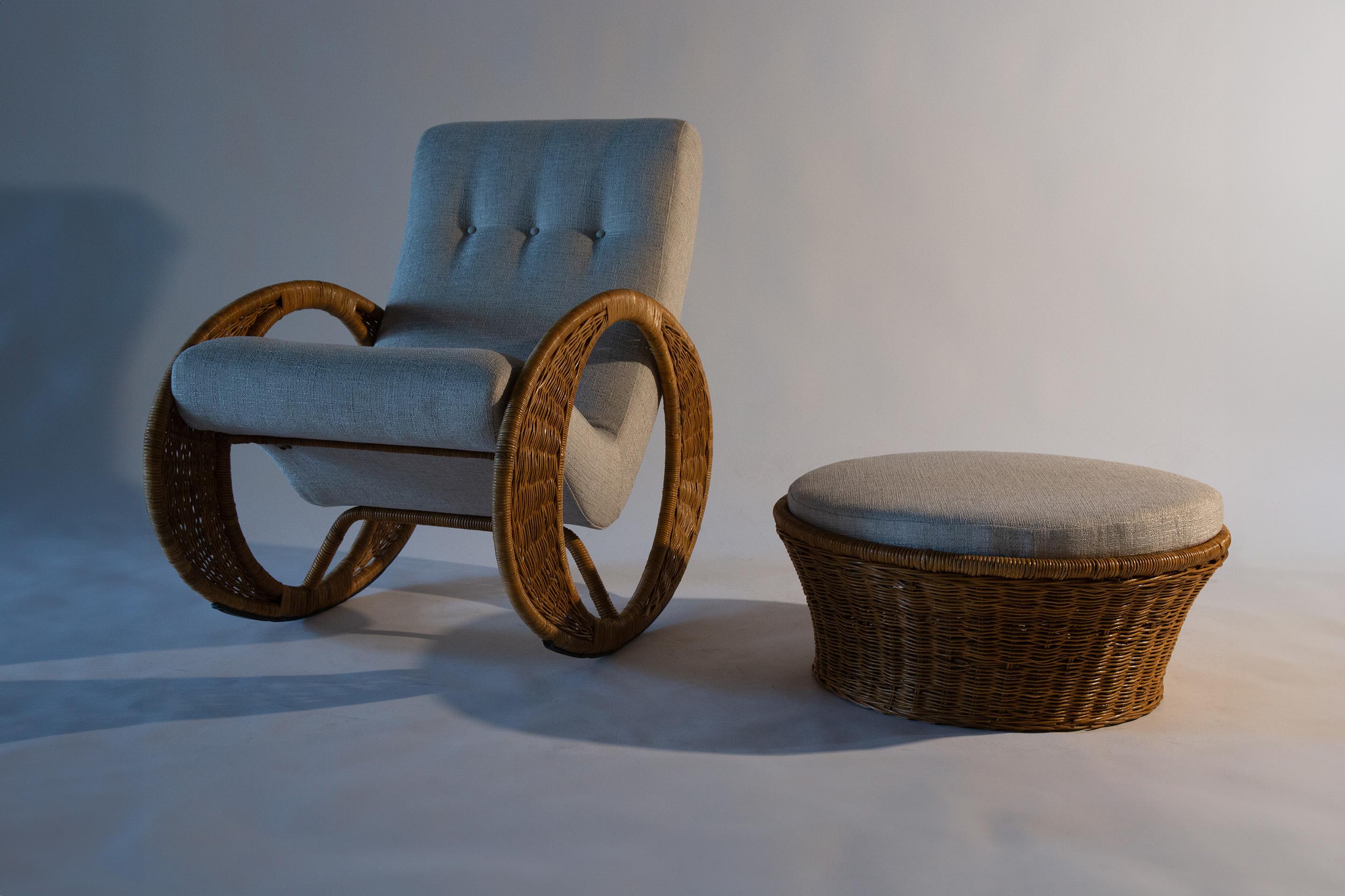 A 1970s Wicker and fabric ellipsoid shaped rocking lounge chair and ottoman. This chair and ottoman with great bohemian modern vibes. Similar profile and construction to the crescent lounge chair by Adrian Pearsall and the wicker matches the comfort