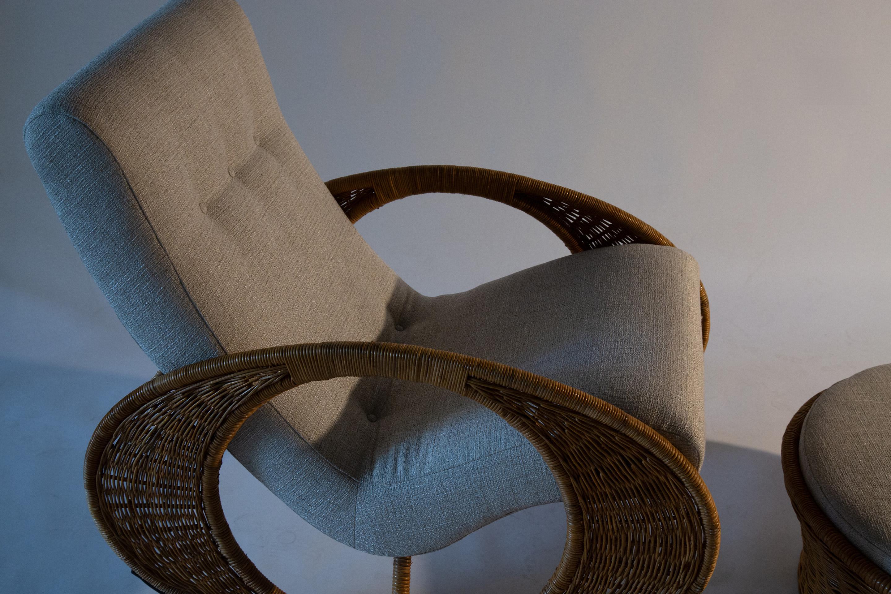 Mid-Century Modern 1970s Wicker Rocking Lounge Chair and Ottoman, Attr. Adrian Pearsall Boho Modern