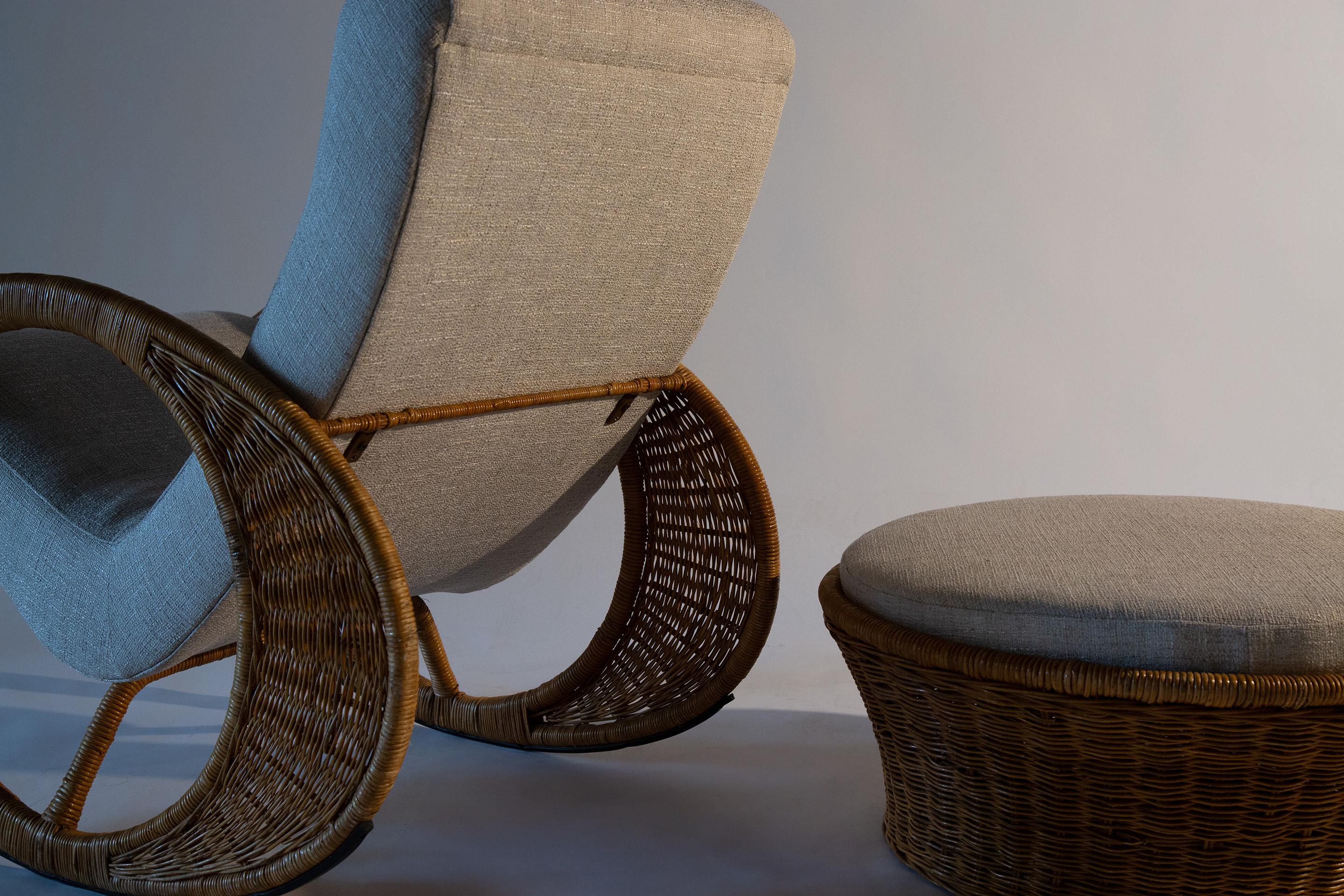 1970s Wicker Rocking Lounge Chair and Ottoman, Attr. Adrian Pearsall Boho Modern In Good Condition In Virginia Beach, VA