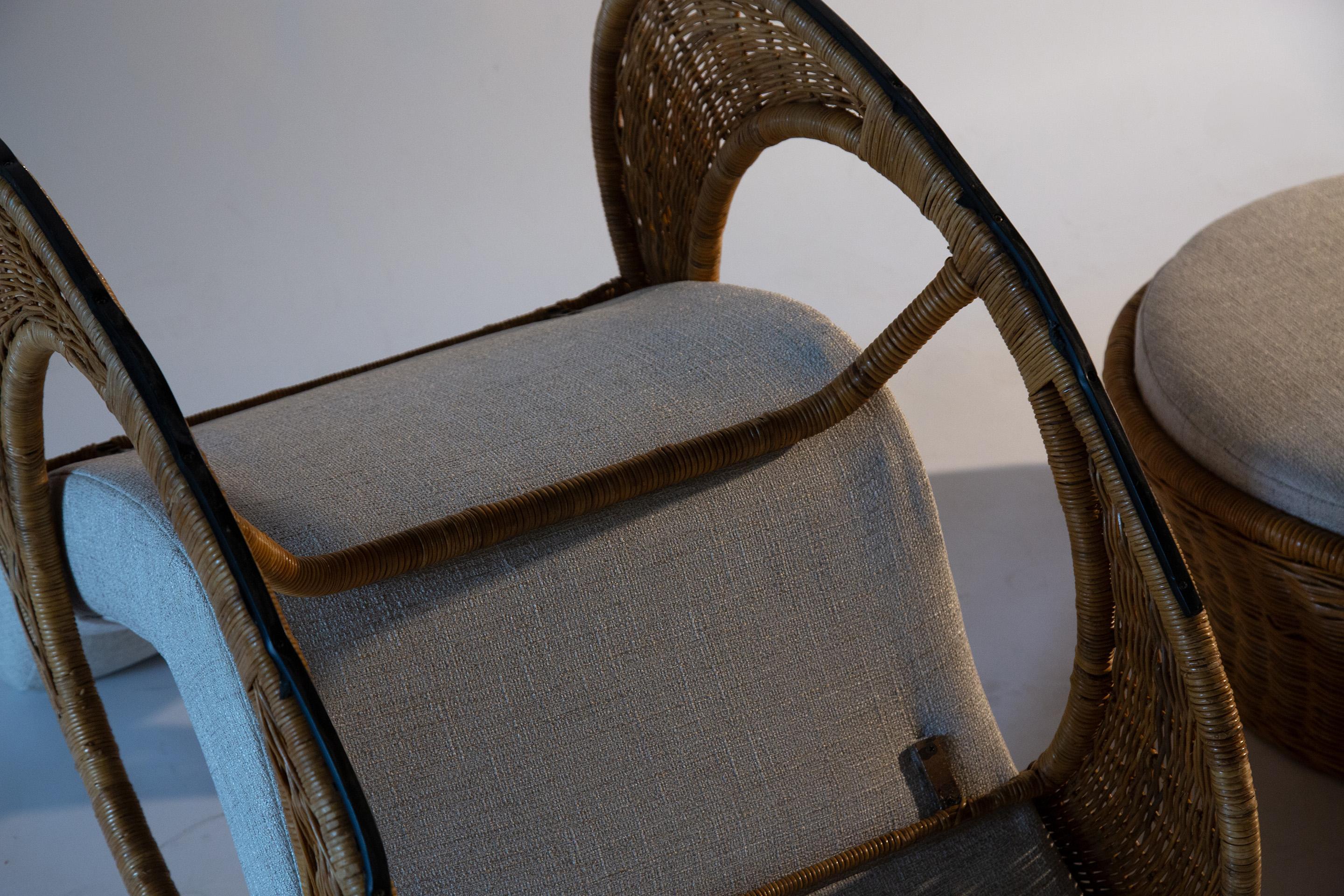 Late 20th Century 1970s Wicker Rocking Lounge Chair and Ottoman, Attr. Adrian Pearsall Boho Modern