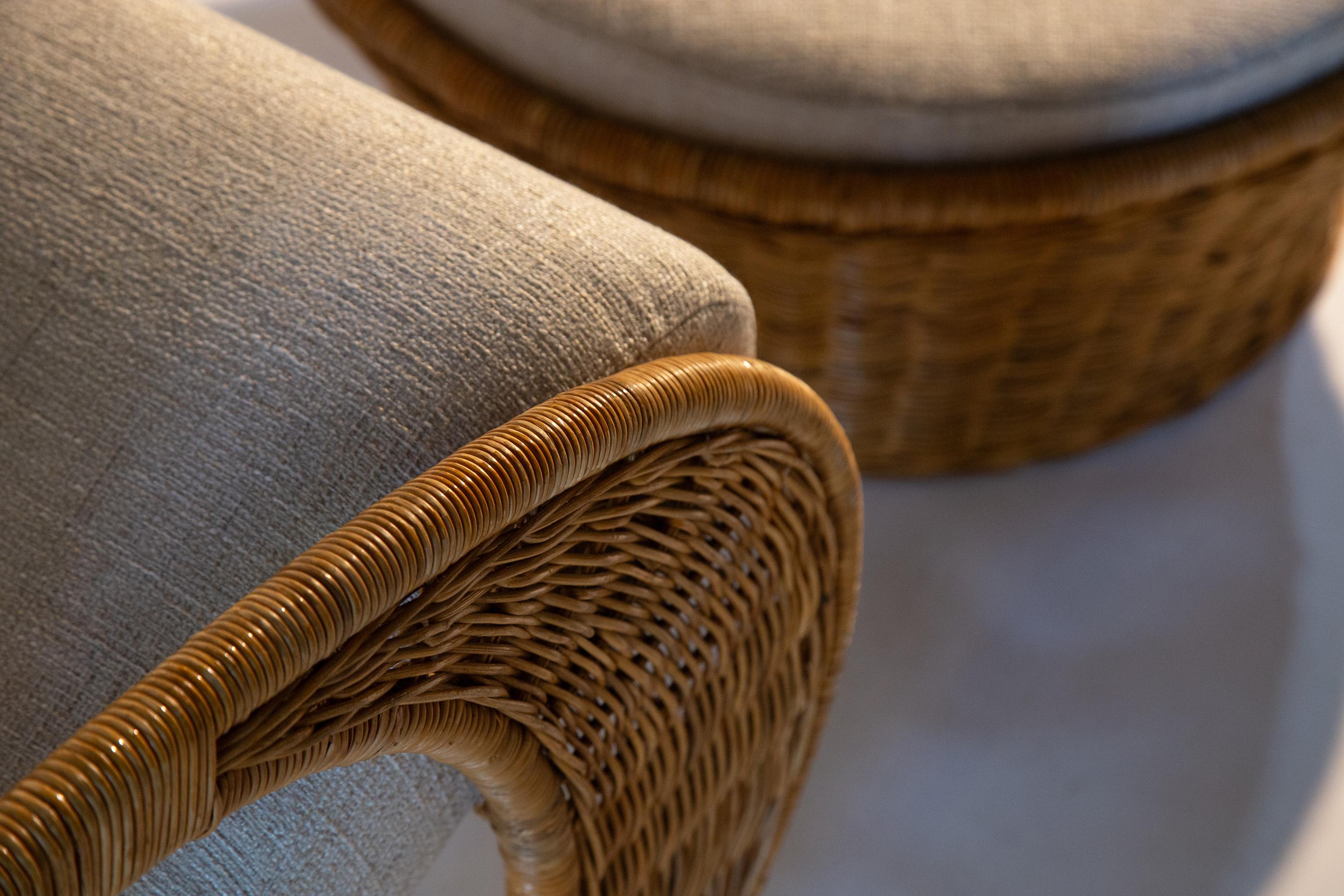 Fabric 1970s Wicker Rocking Lounge Chair and Ottoman, Attr. Adrian Pearsall Boho Modern