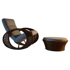 1970s Wicker Rocking Lounge Chair and Ottoman, Attr. Adrian Pearsall Boho Modern