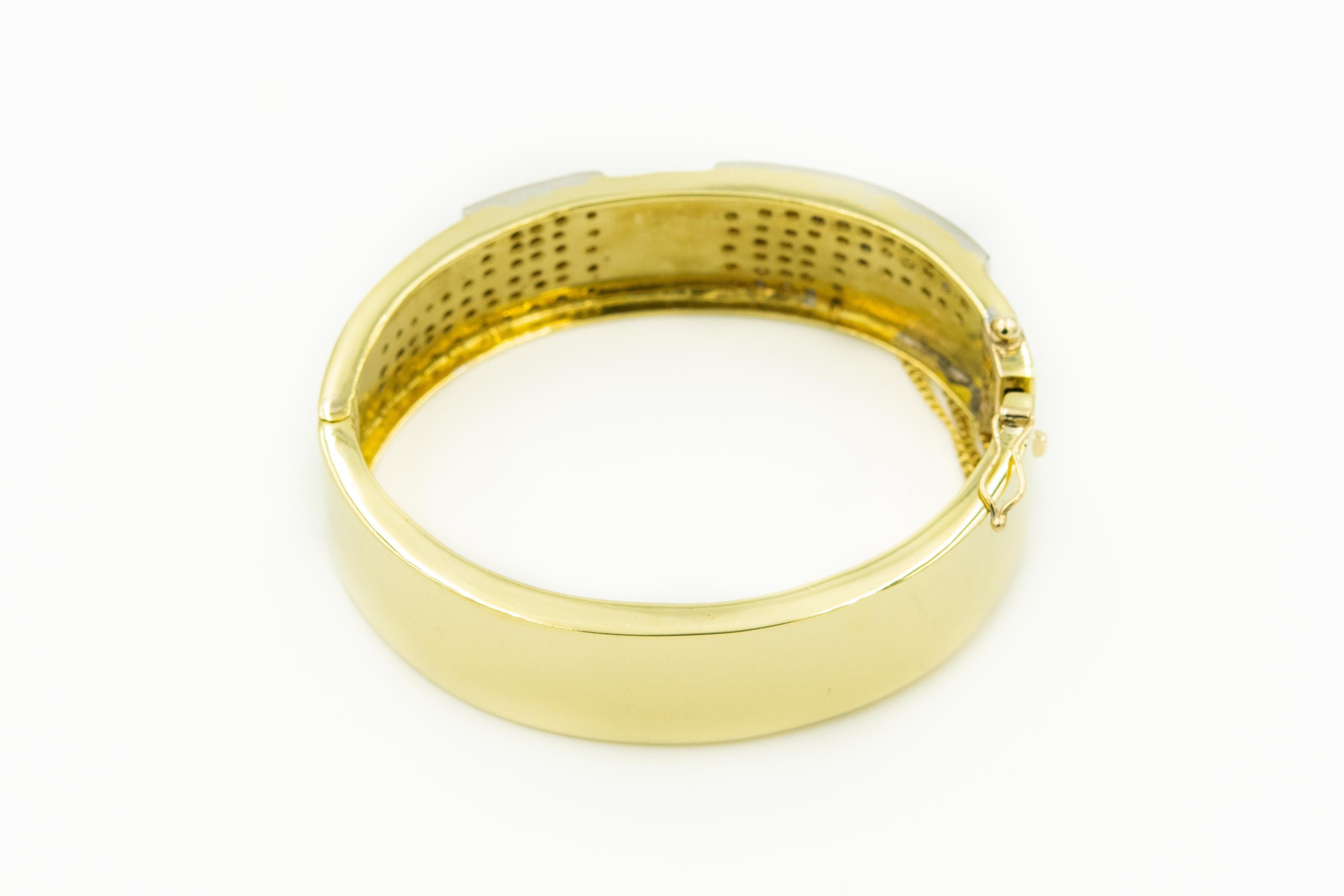 Women's 1970s Wide Geometric Pave Diamond 18 Karat Yellow Gold Bangle Bracelet For Sale