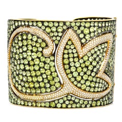 1970S  Wide Peridot Diamond 18K Gold Wide Cuff Bangle Bracelet