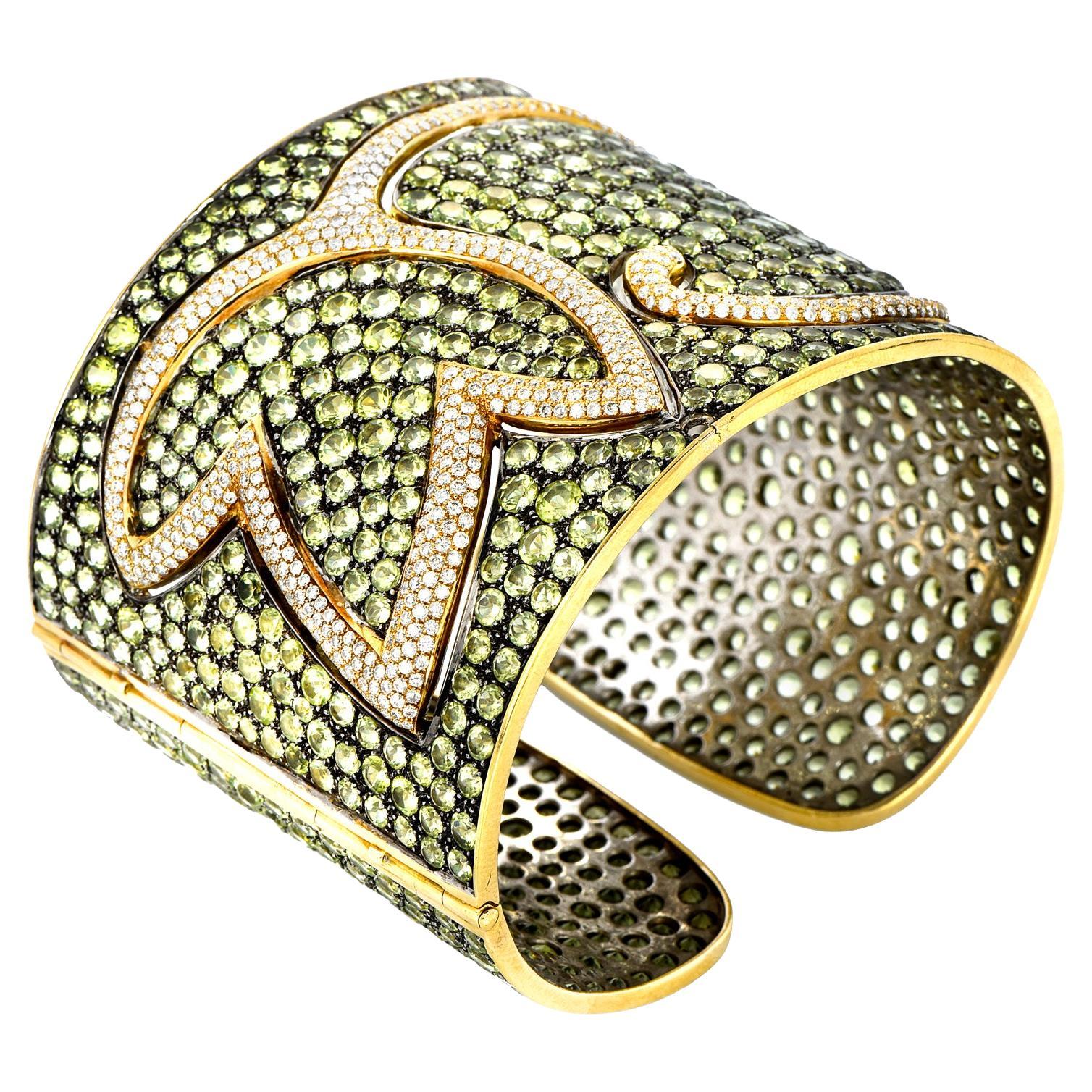 1970S  Wide Peridot Diamond 18K Gold Wide Cuff Bangle Bracelet  For Sale