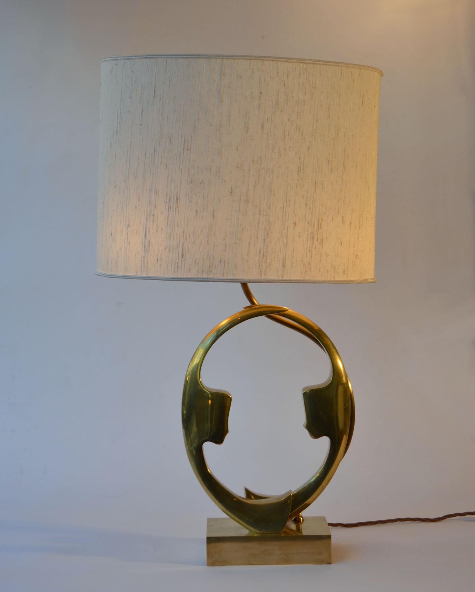 Brass Bronze Table Lamp with Silhouette Faces by Willy Daro , Belgium