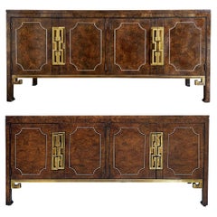 1970s William Doezema Mastercraft Burl Brass Credenzas Pair Hollywood Regency
