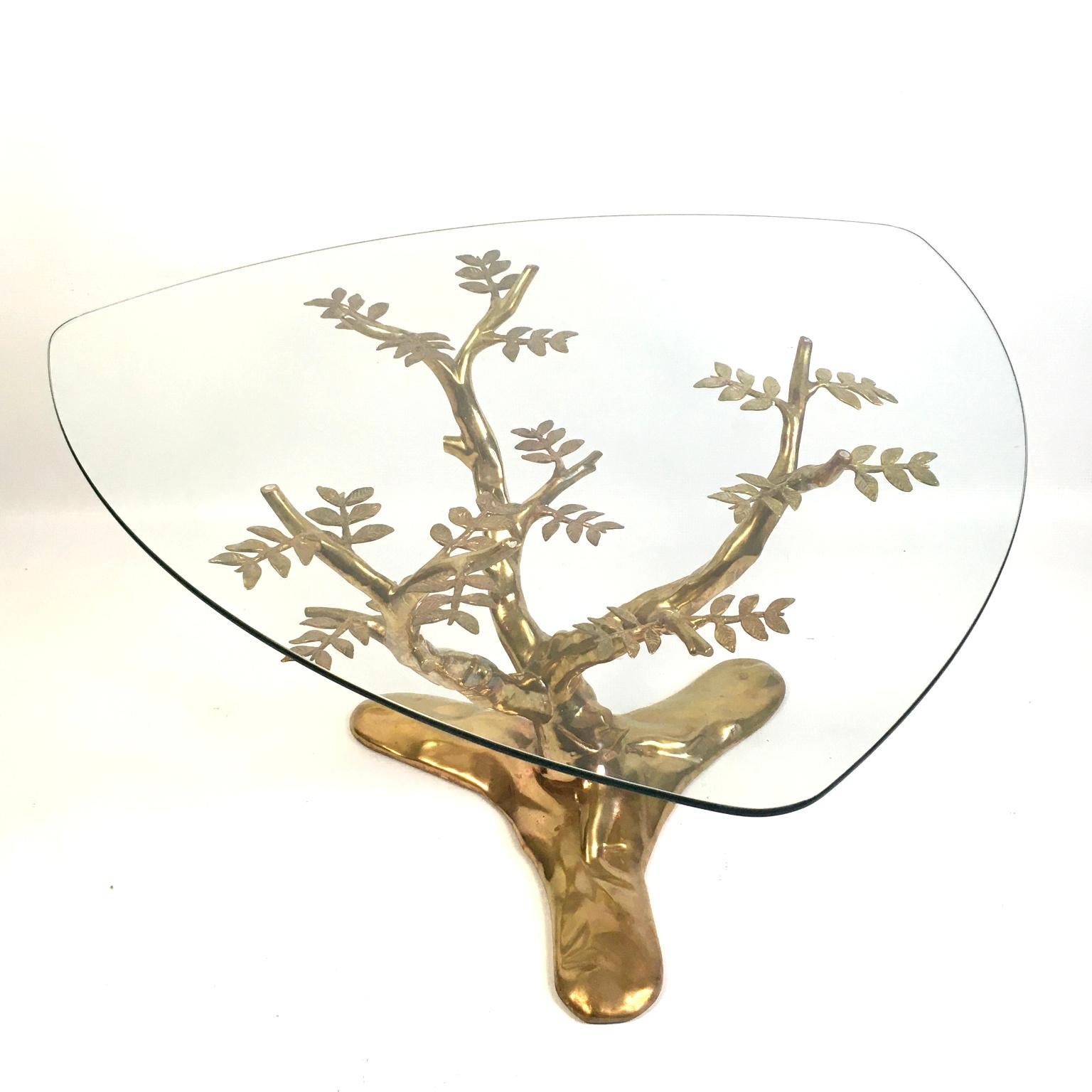 Cast 1970s Willy Daro Brass and Glass Tree Coffee Table, Belgium