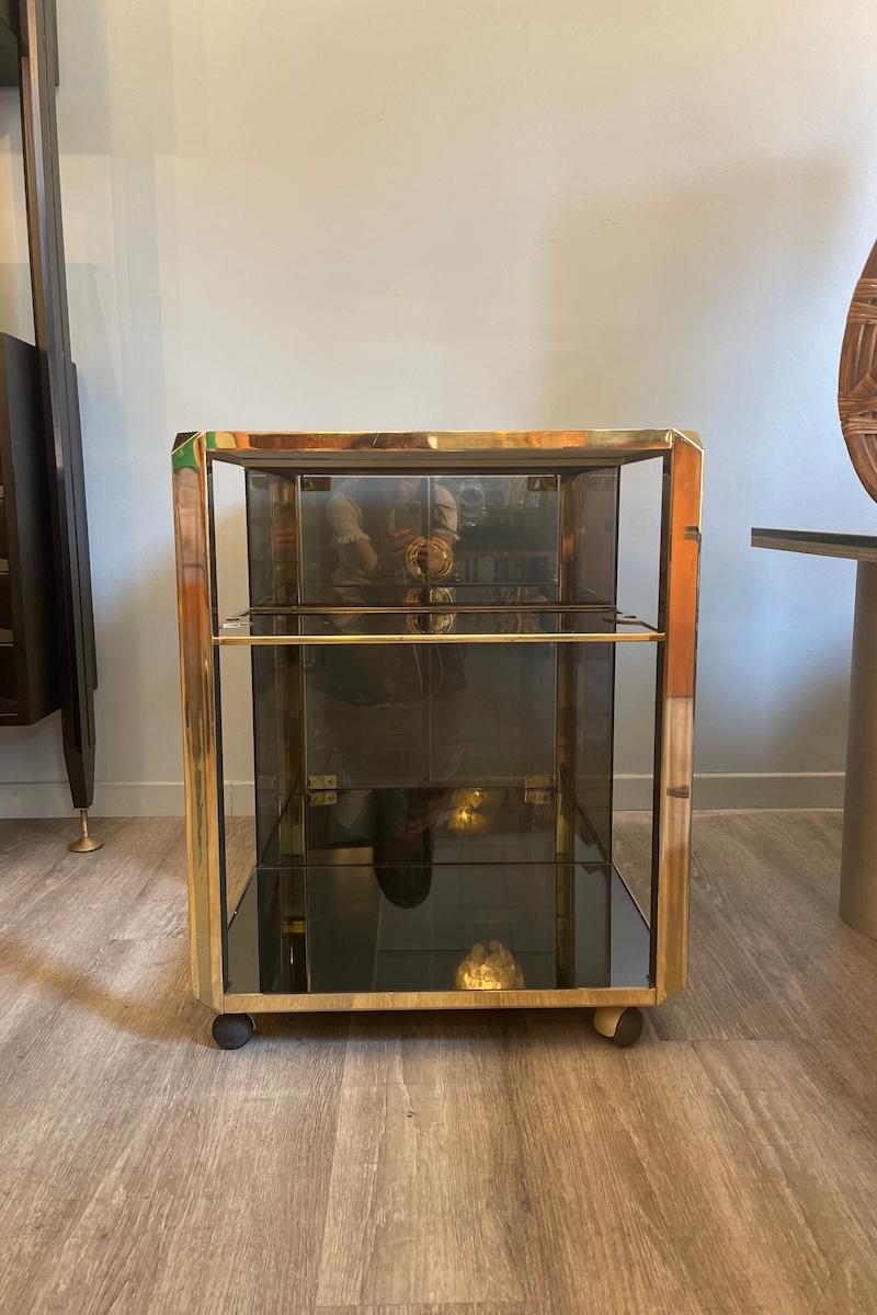 1970s Willy Rizzo Brass and Smoked Glass Bar Cart For Sale 9