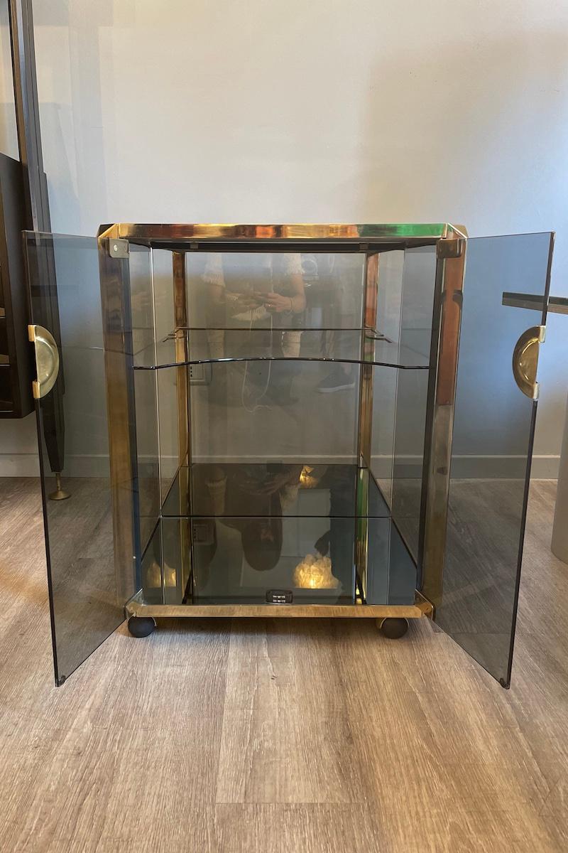 Late 20th Century 1970s Willy Rizzo Brass and Smoked Glass Bar Cart For Sale
