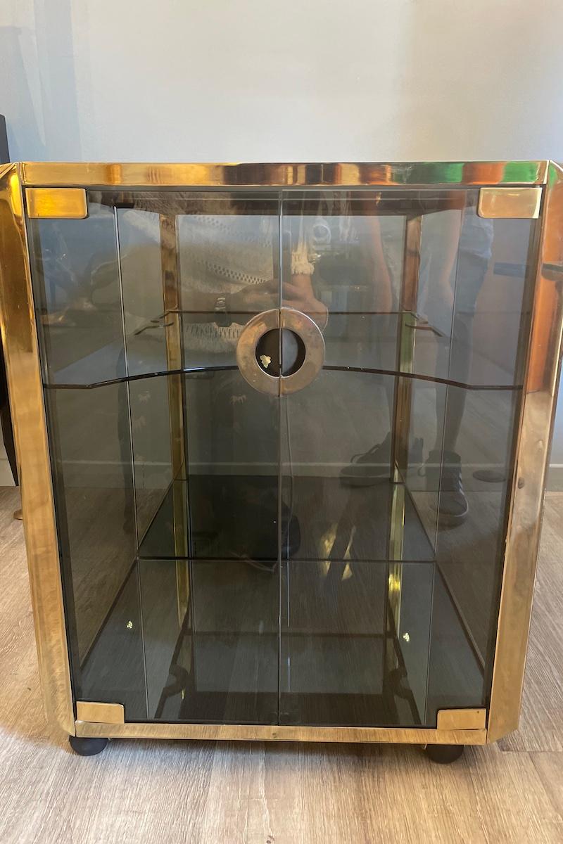 1970s Willy Rizzo Brass and Smoked Glass Bar Cart For Sale 3