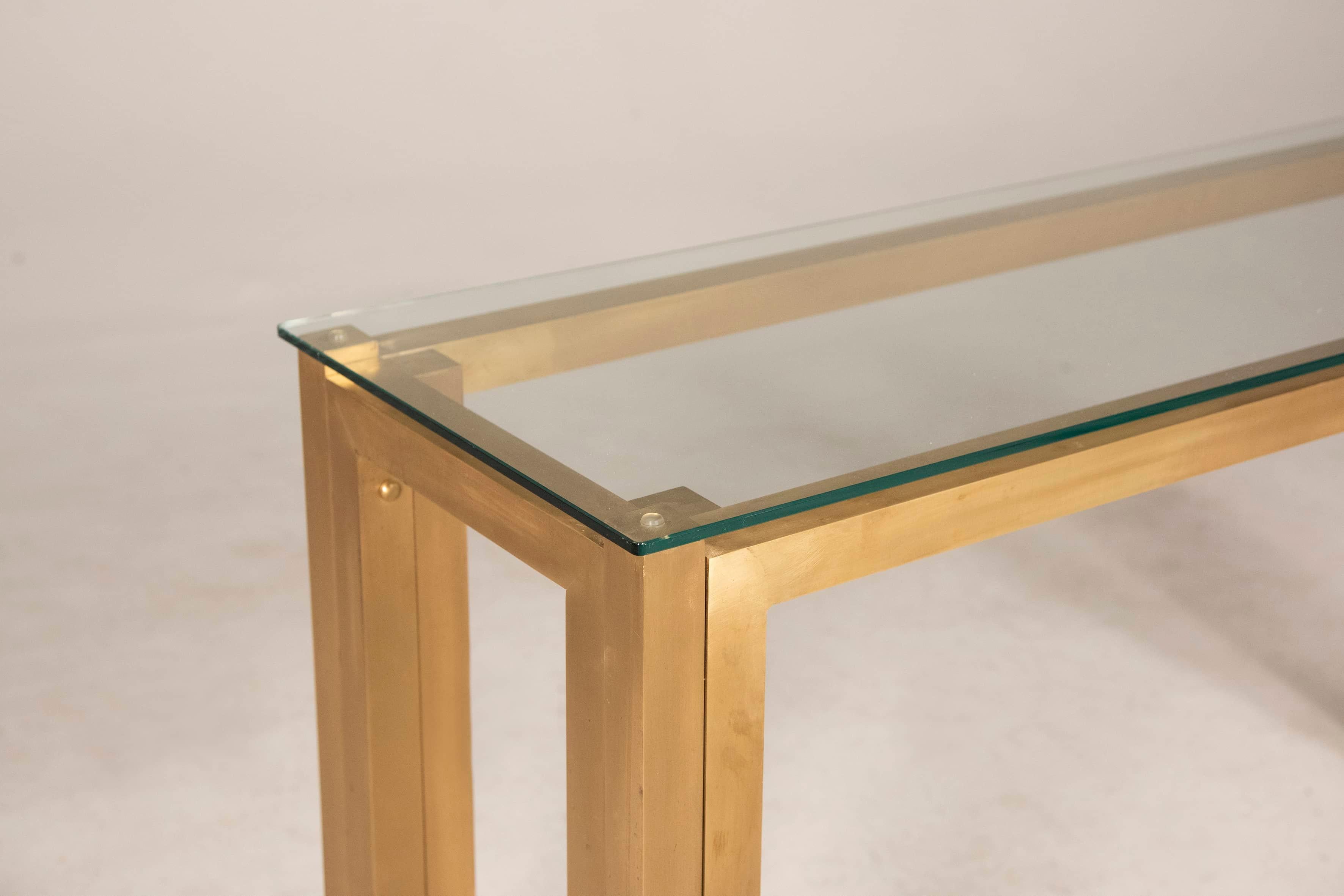 Italian 1970s Willy Rizzo Brass Console with Glass Top For Sale