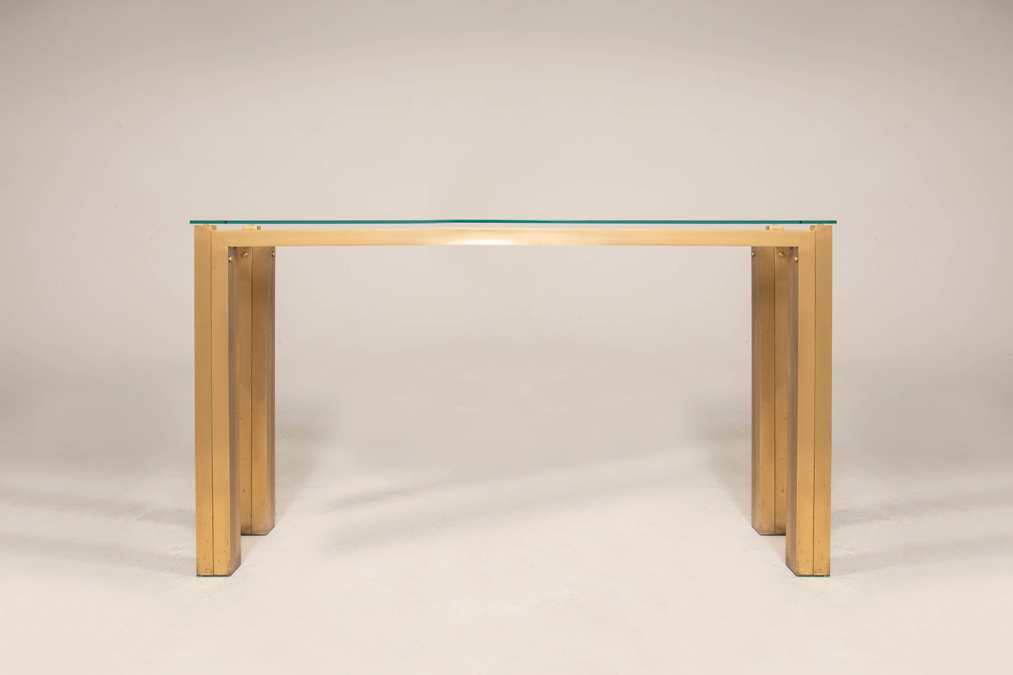 1970s Willy Rizzo Brass Console with Glass Top For Sale 1