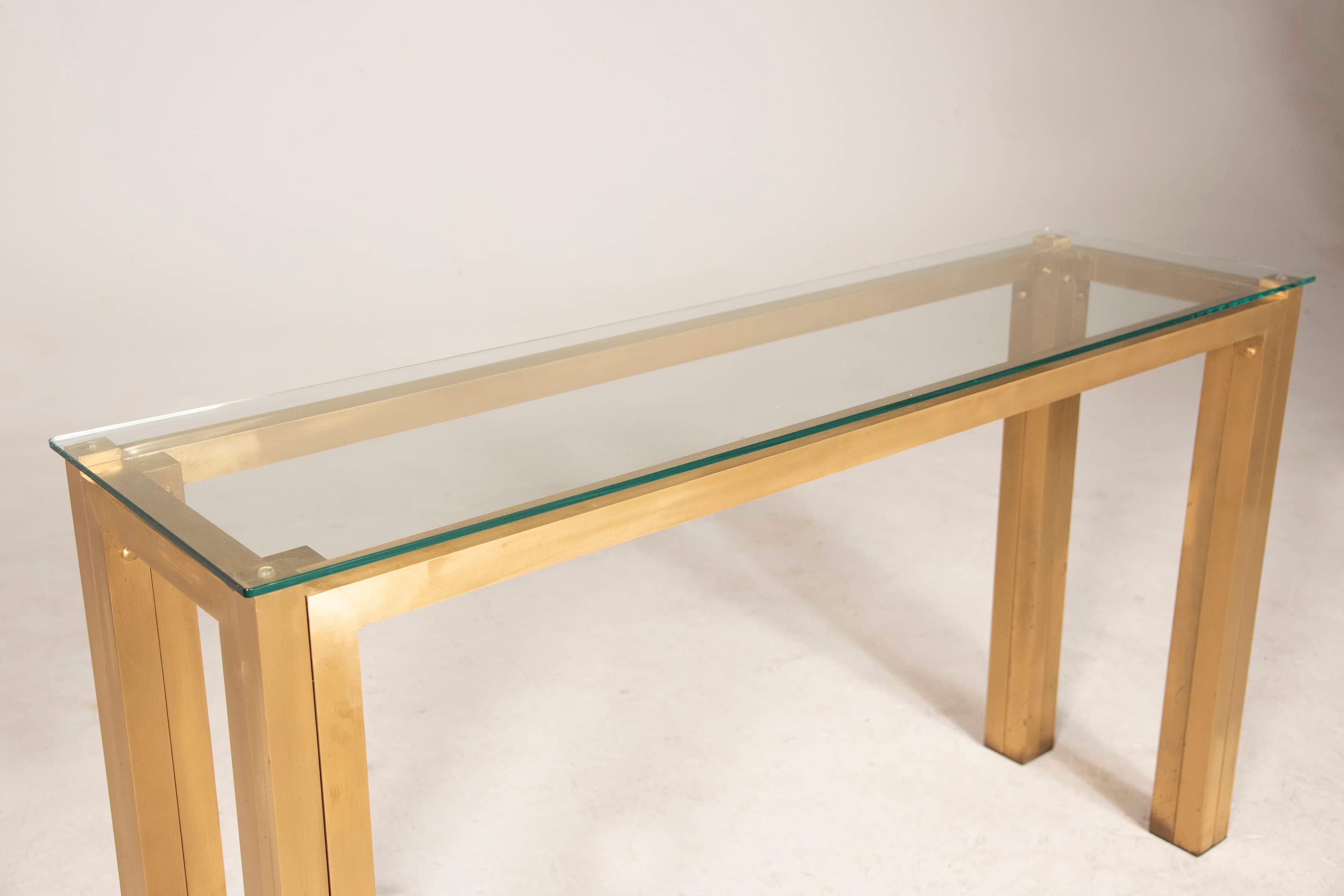 1970s Willy Rizzo Brass Console with Glass Top For Sale 2