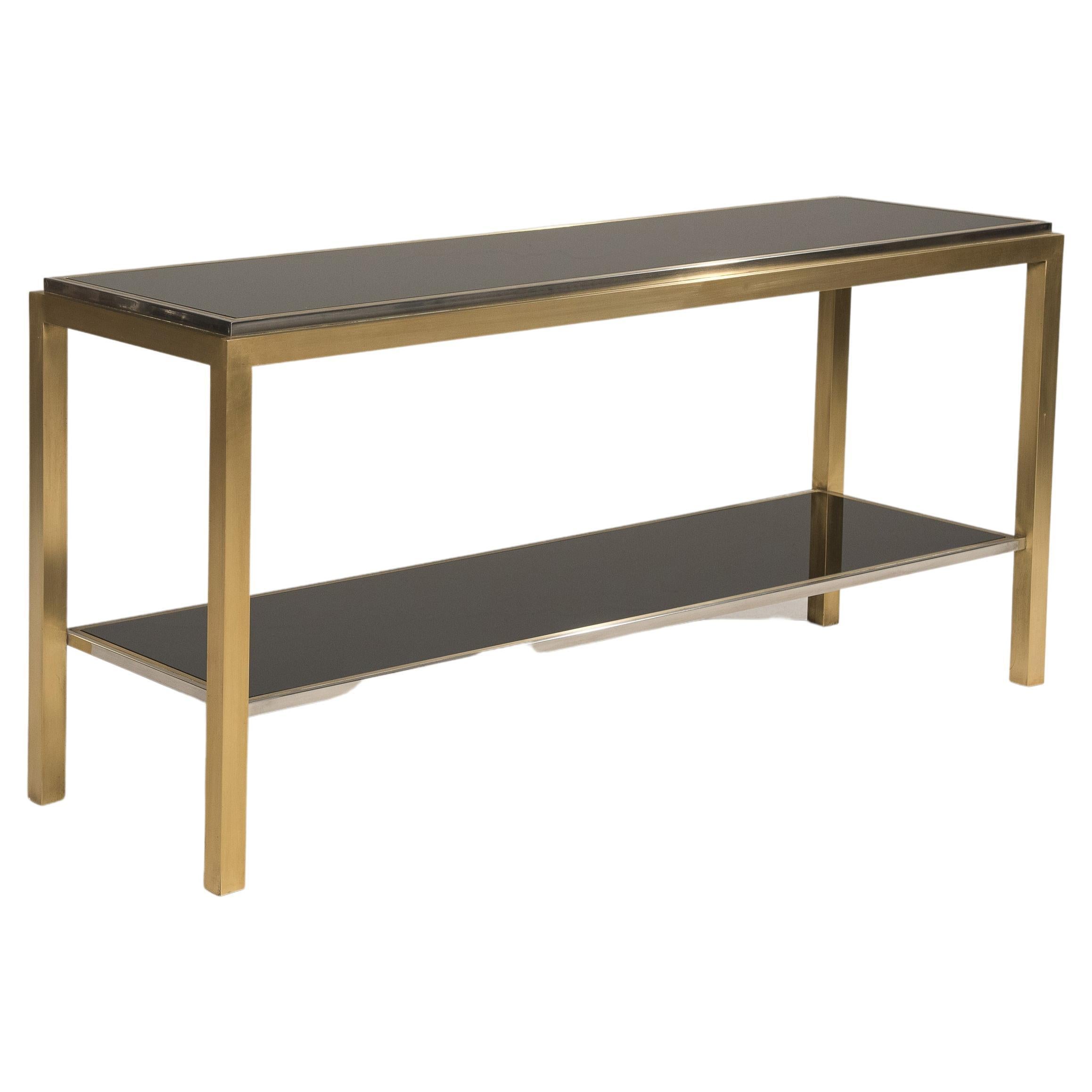 1970s Willy Rizzo Style Brass Steel Smoked Glasses Console Table