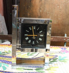 1970s Willy Rizzo Chrome and Brass Table Clock