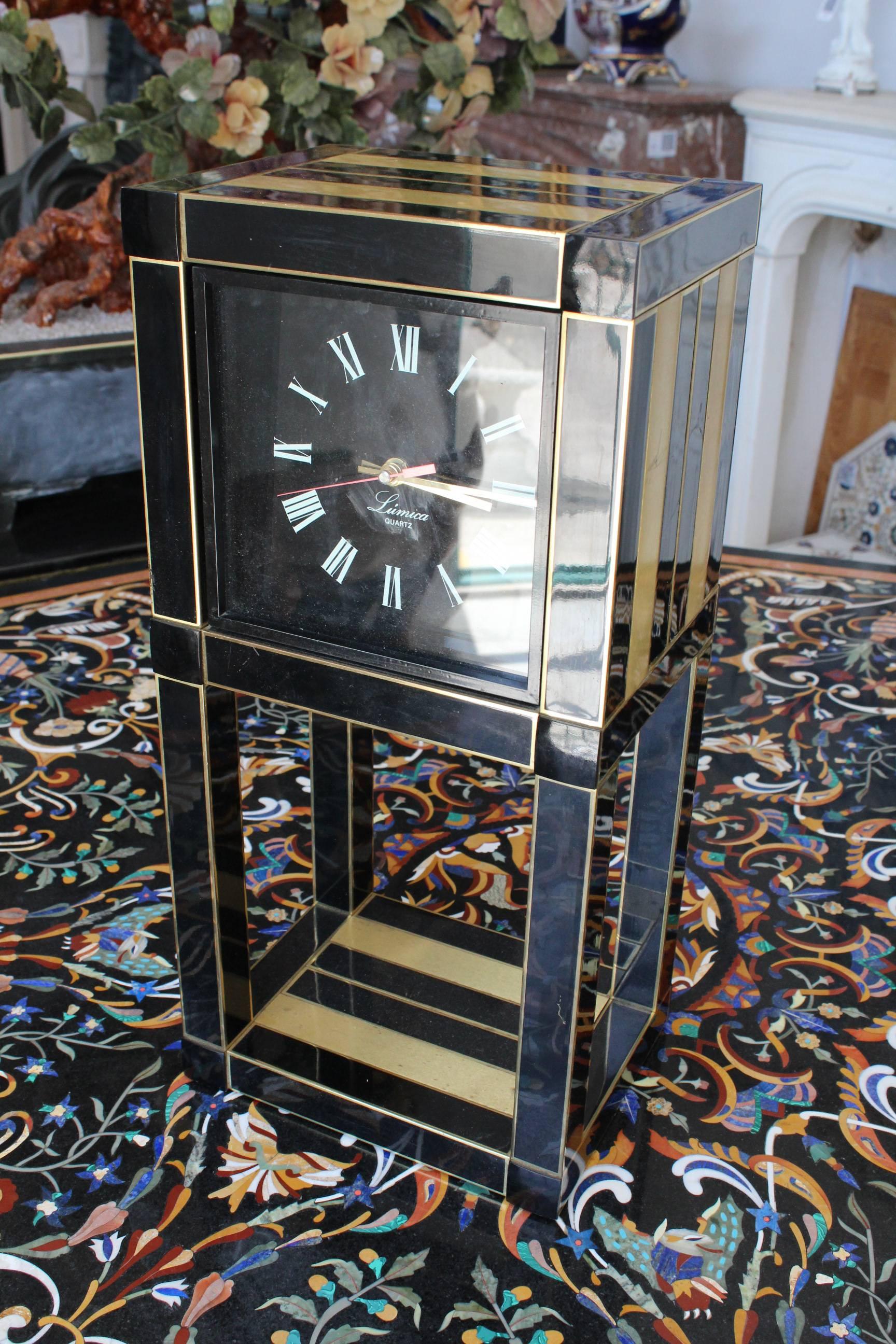 1970s, Willy Rizzo for Lumica Black Lacquered Metal Quarz Table Clock In Good Condition For Sale In Marbella, ES