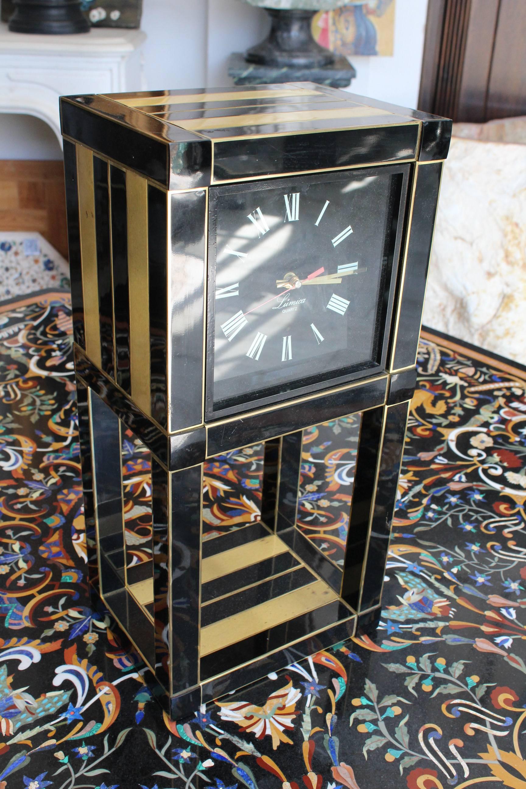 Horloge de table Quarz en métal laqué noir Willy Rizzo pour Lumica des années 1970 Bon état - En vente à Marbella, ES