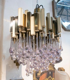 1970s Willy Rizzo Italian Venetian Murano Glass Bronze Ceiling Lamp