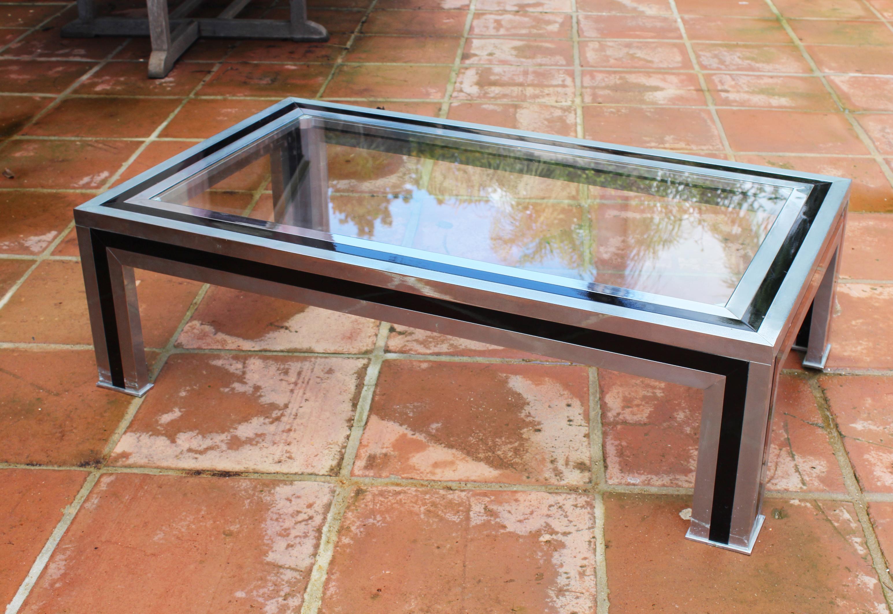 1970s Willy Rizzo steel rectangular coffee table with glass top.