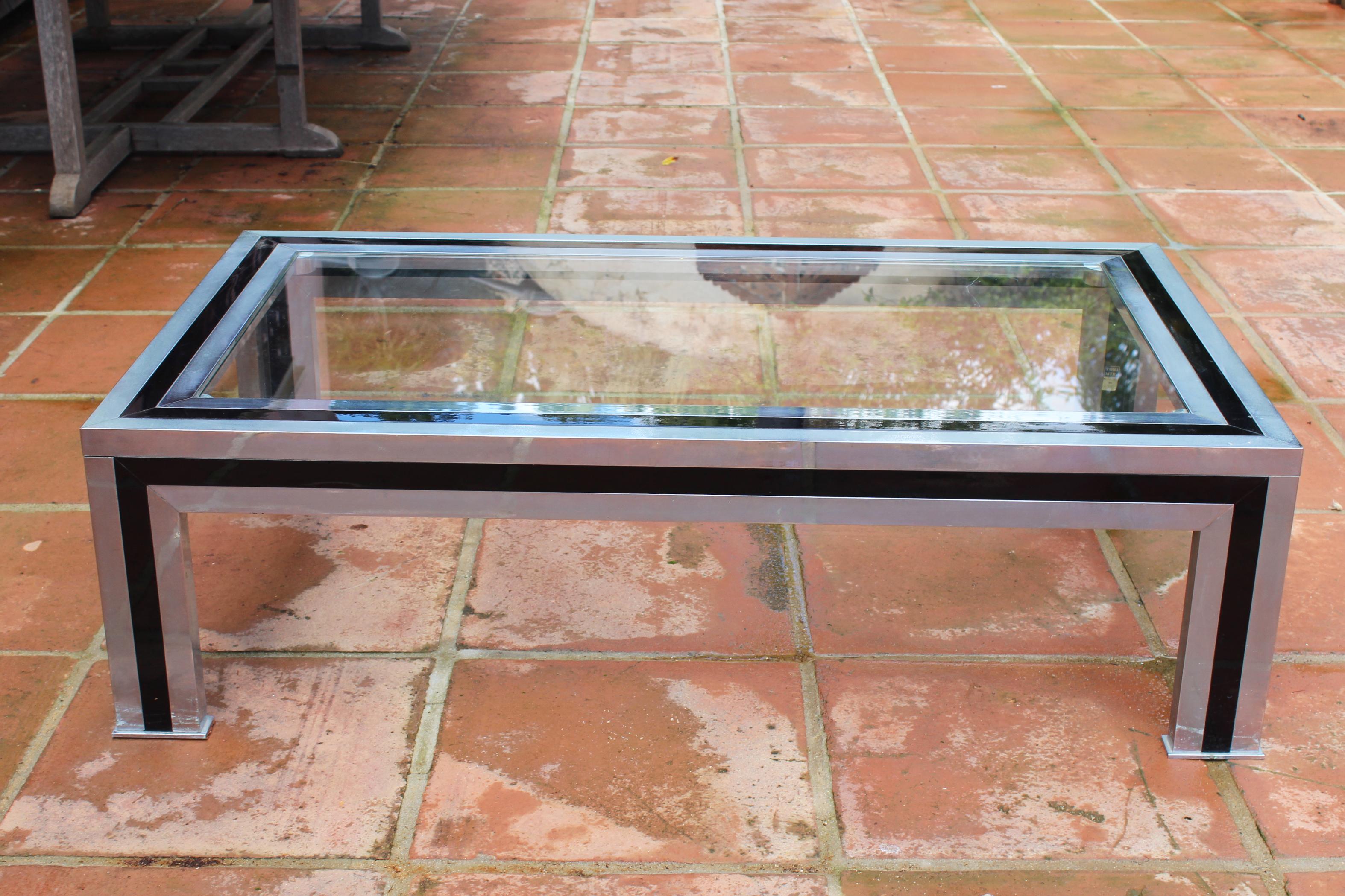 French 1970s Willy Rizzo Steel Coffee Table with Glass Top