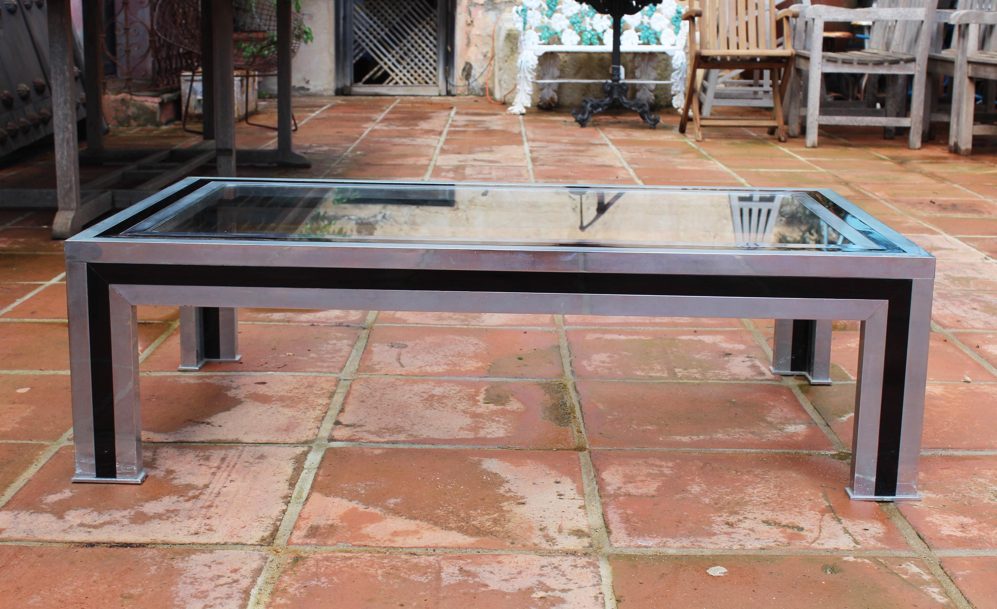 1970s Willy Rizzo Steel Coffee Table with Glass Top In Good Condition In Marbella, ES