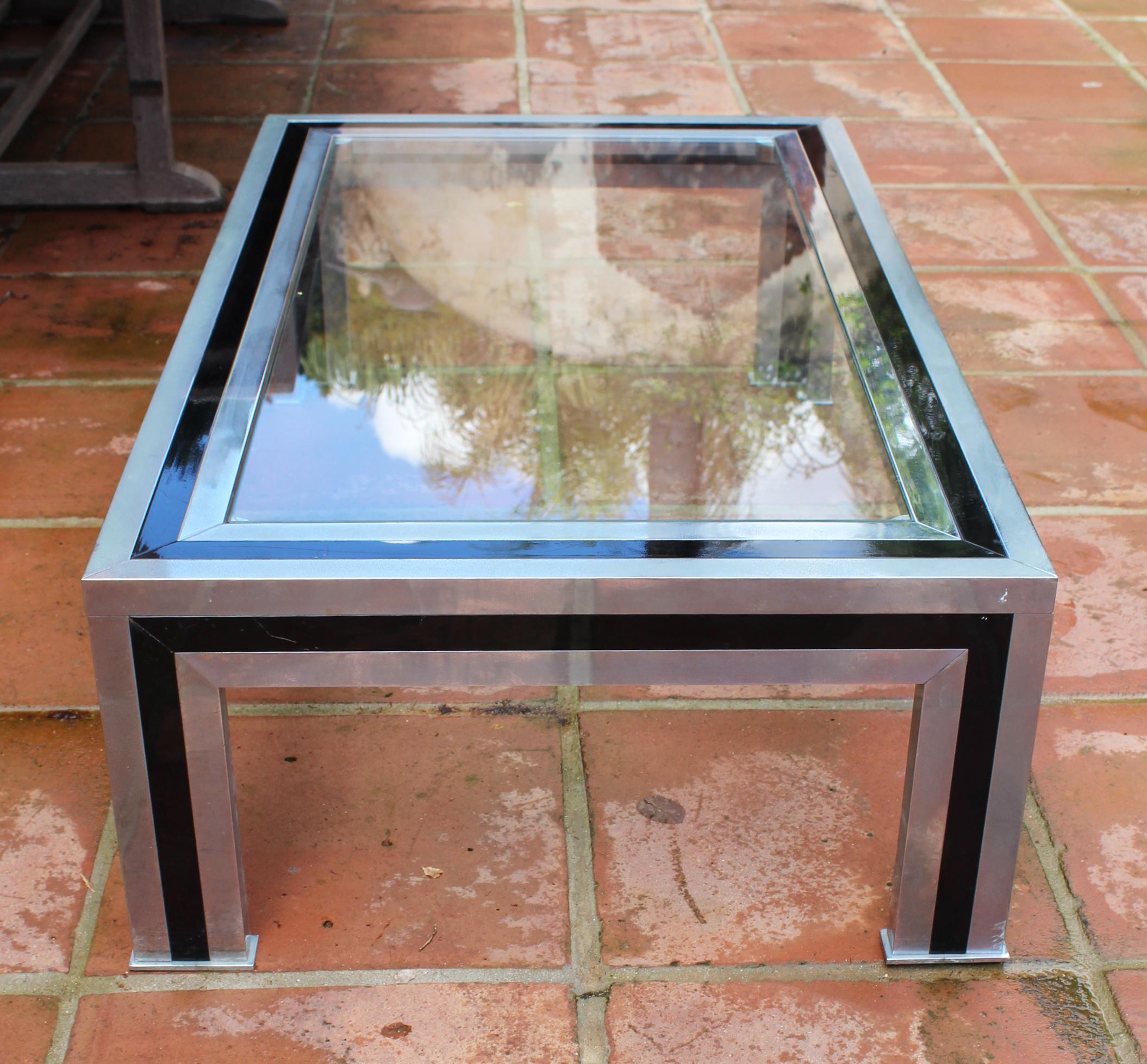 1970s Willy Rizzo Steel Coffee Table with Glass Top 1