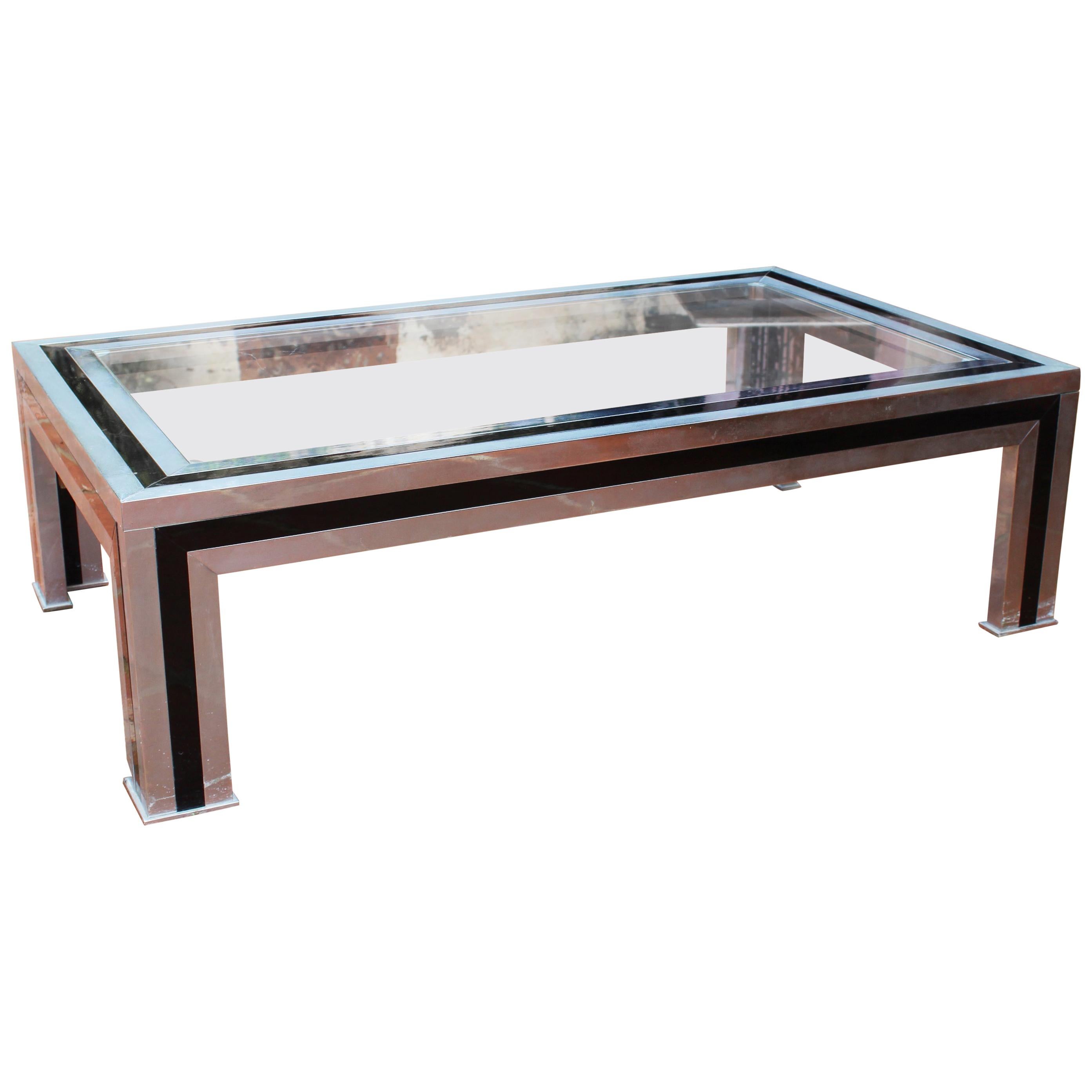 1970s Willy Rizzo Steel Coffee Table with Glass Top