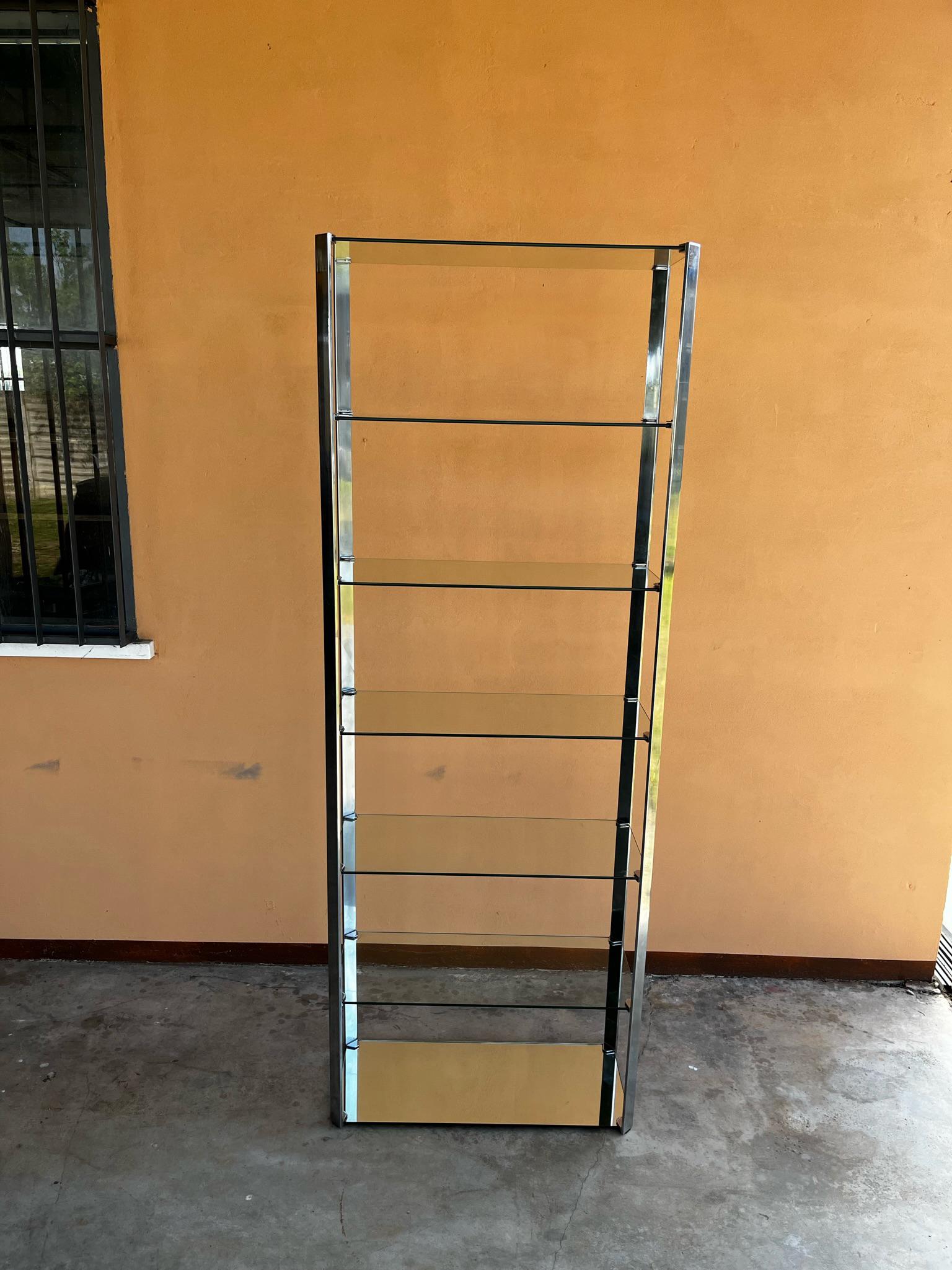 1970s Willy Rizzo Steel Glass and Mirror Shelves Cdue Production Bookcase For Sale 8