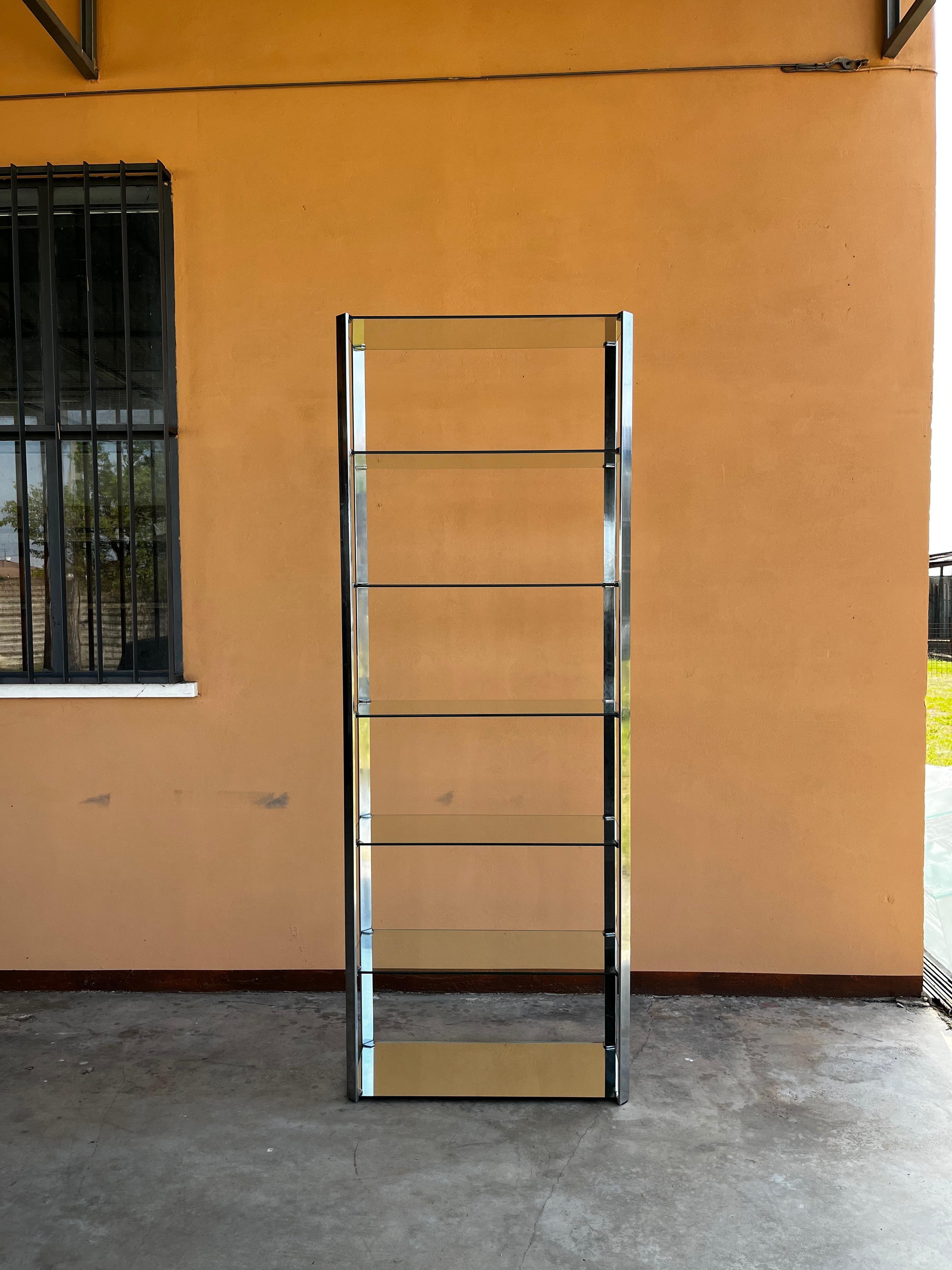 Late 20th Century 1970s Willy Rizzo Steel Glass and Mirror Shelves Cdue Production Bookcase For Sale