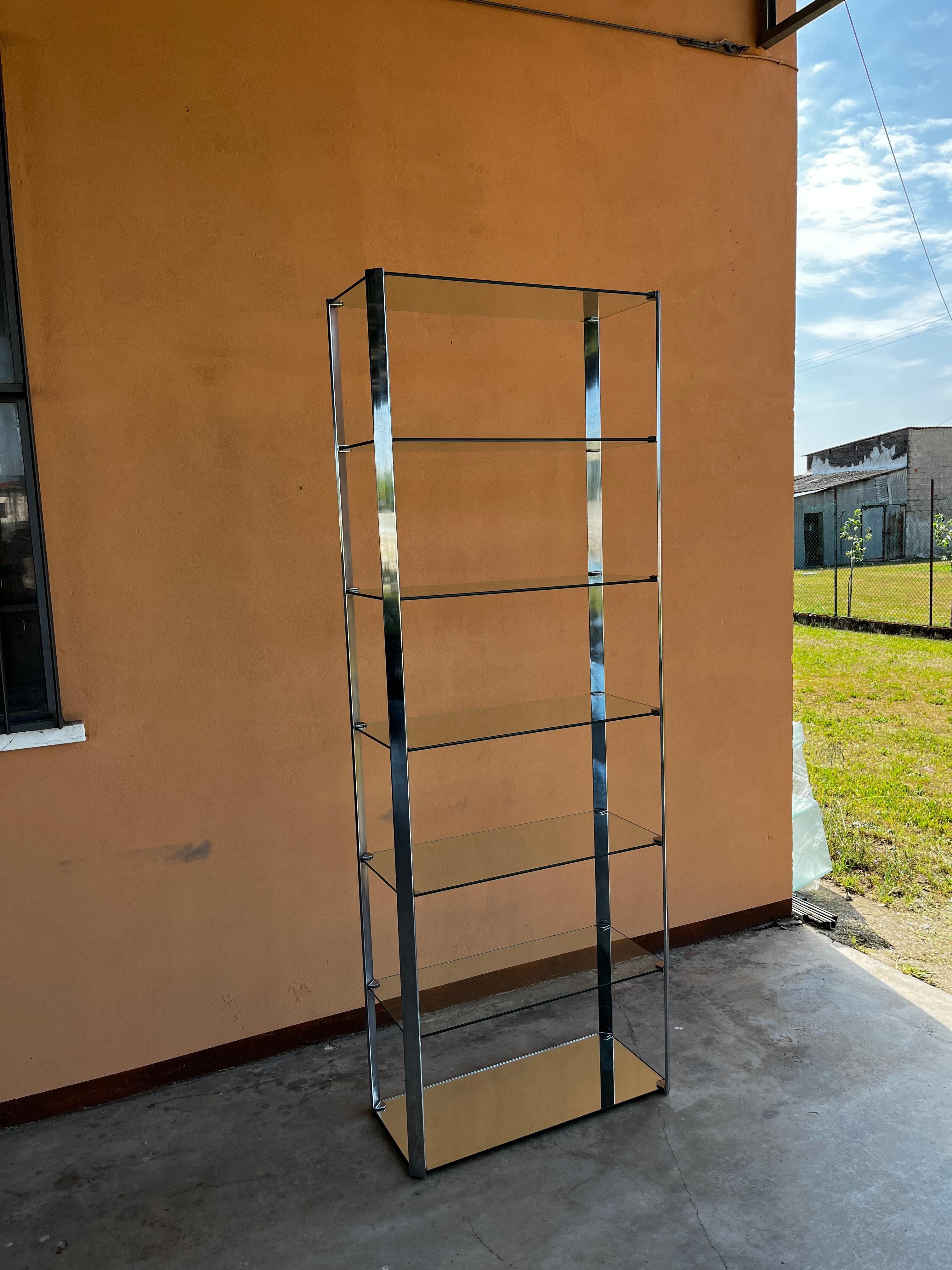 1970s Willy Rizzo Steel Glass and Mirror Shelves Cdue Production Bookcase 1