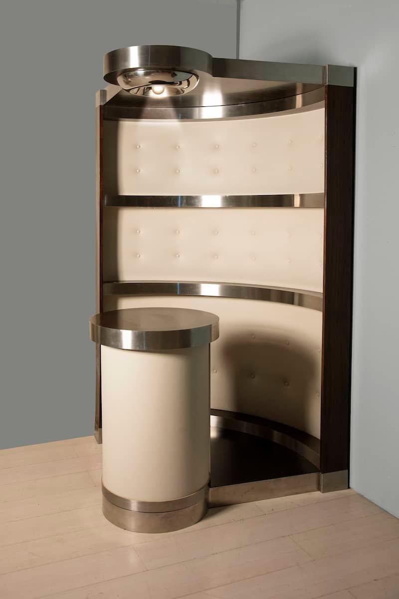 Late 20th Century 1970s Willy Rizzo steel, wood and light color alcantara Bar Cabinet  For Sale