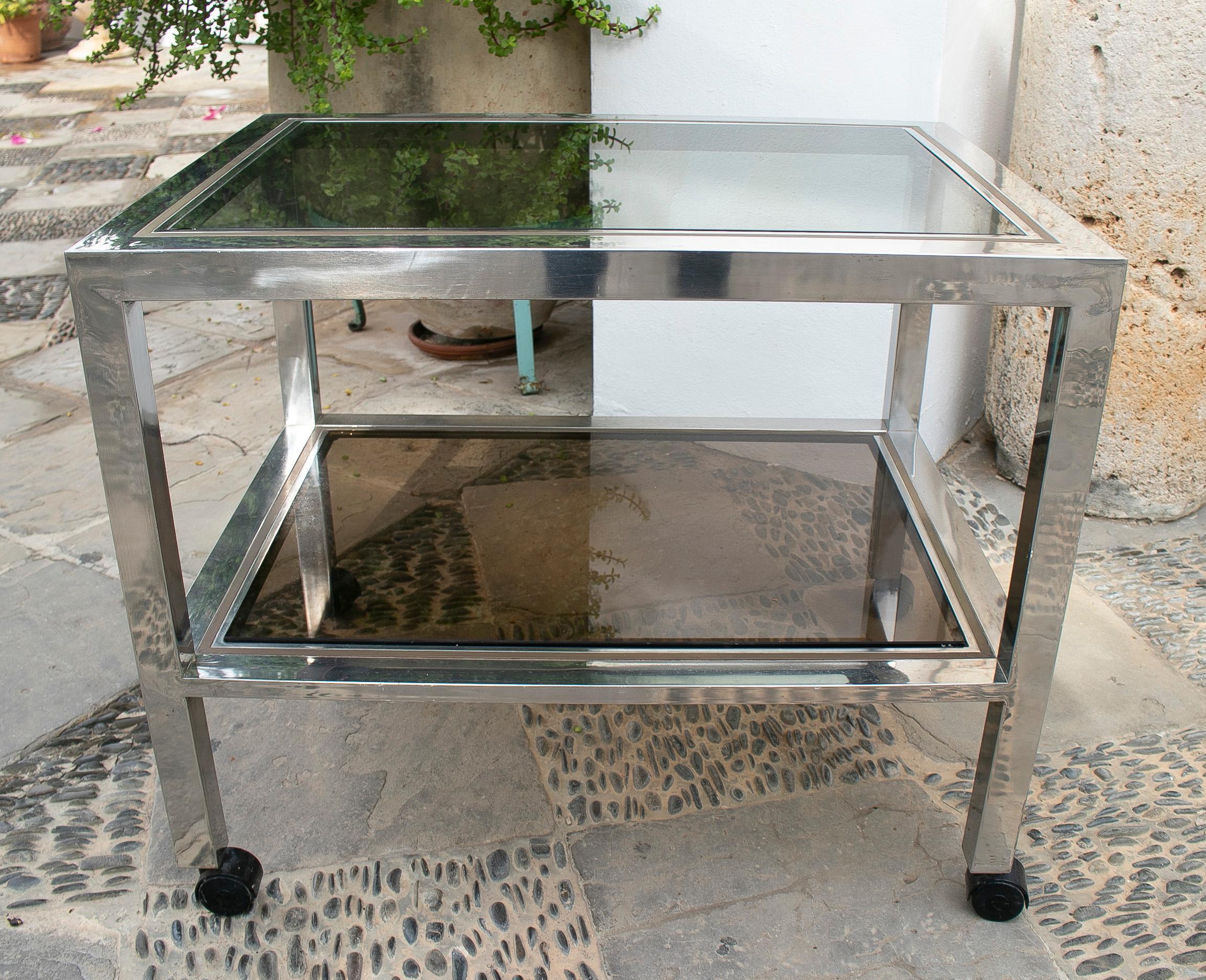 Italian 1970's Willy Rizzo Style Steel TV Side Table with Wheels For Sale